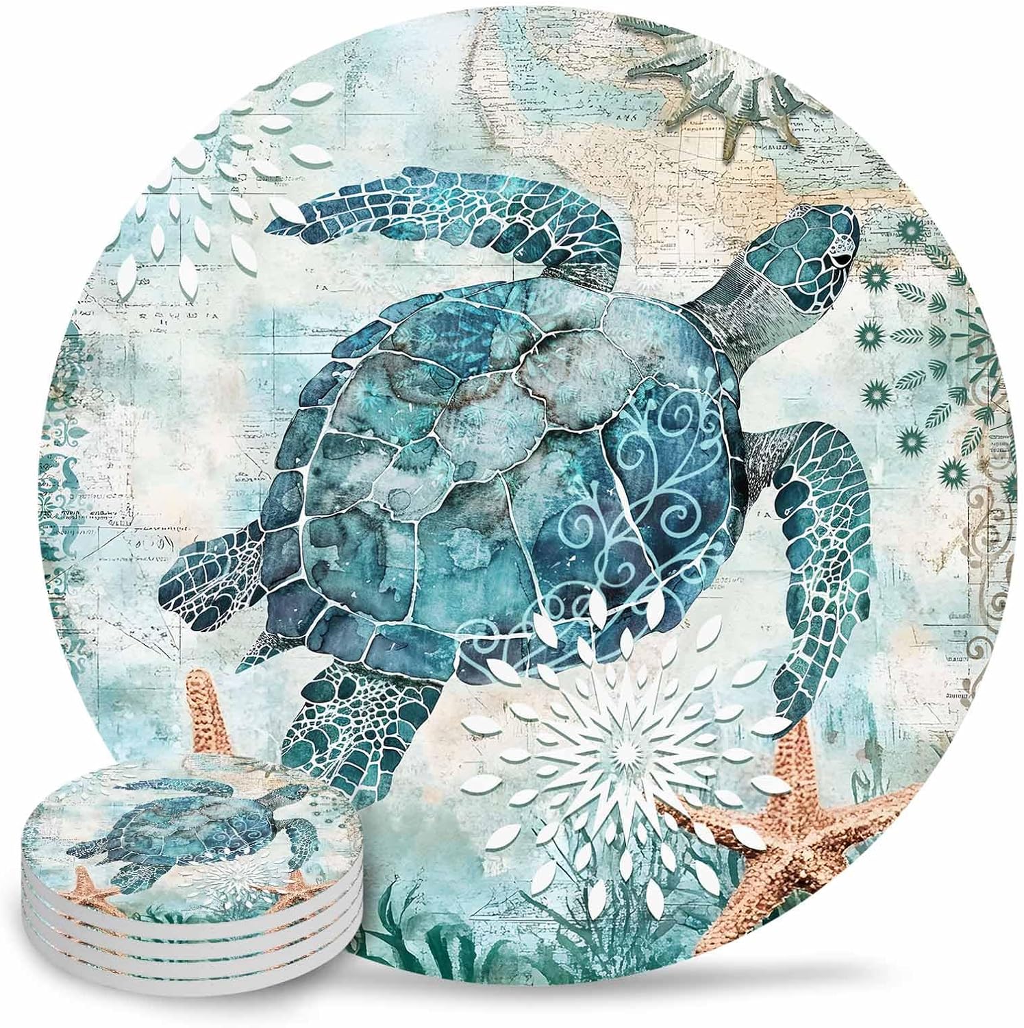 Absorbent Ceramic Coasters for Drinks 4" Diameter Round Water-Absorbent Quick-Drying Coaster Sea Turtle Ocean Animal Landscape Cup Mats(4 Piece)
