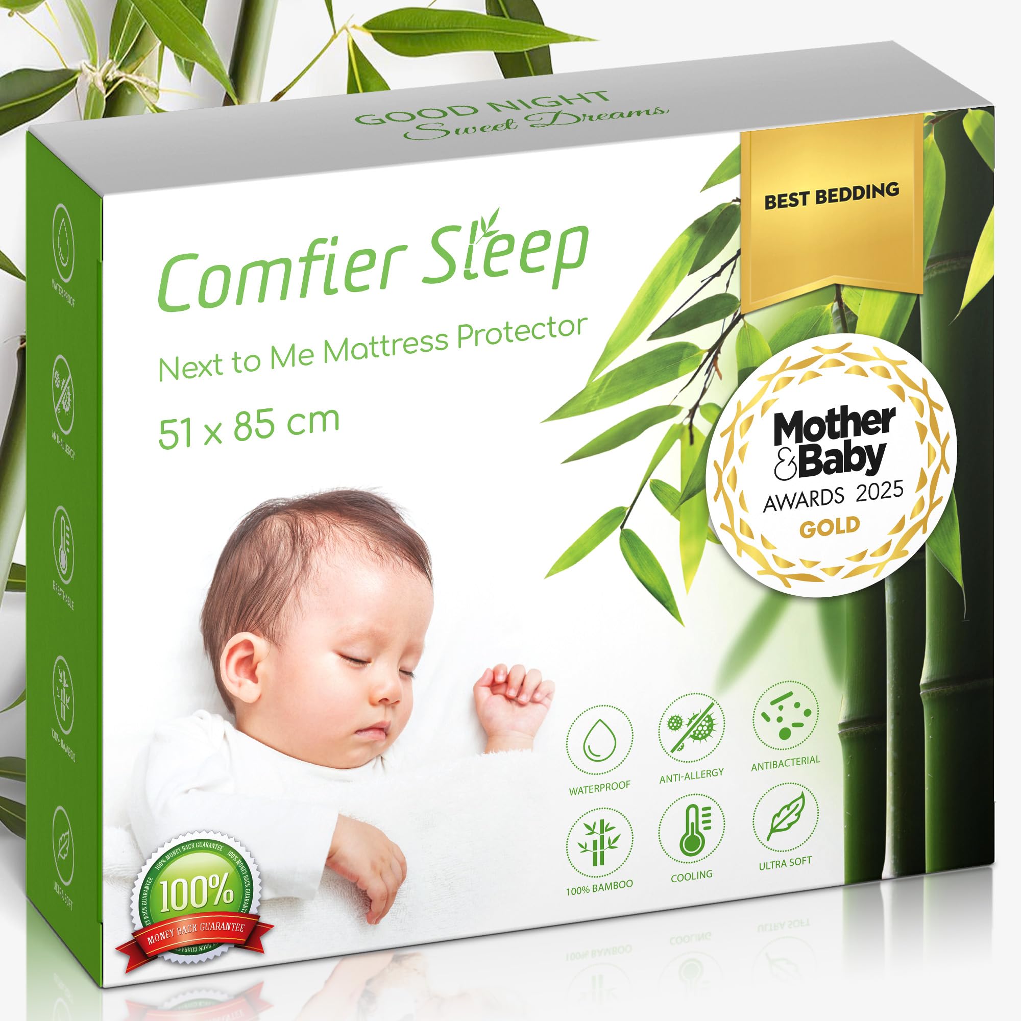Next to Me Crib Mattress Protector 51x85cm – Waterproof Bamboo Fitted Cover – Soft Bre...