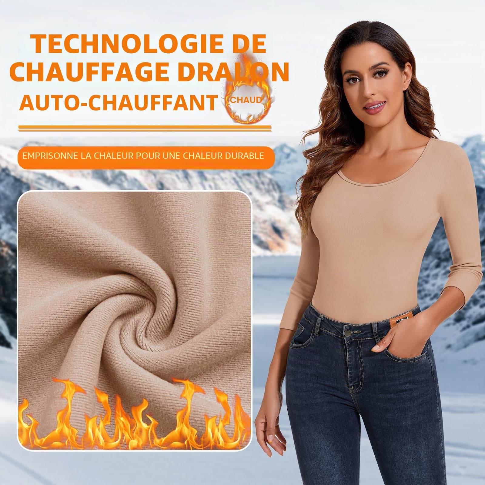 Haut Thermique Femme Thermolactyl Women's T-Shirt Thermiques Manches 3/4 Col Rond Pull Shirt Thermal sous Vetements Chauds d'hiver Maillot De Corps