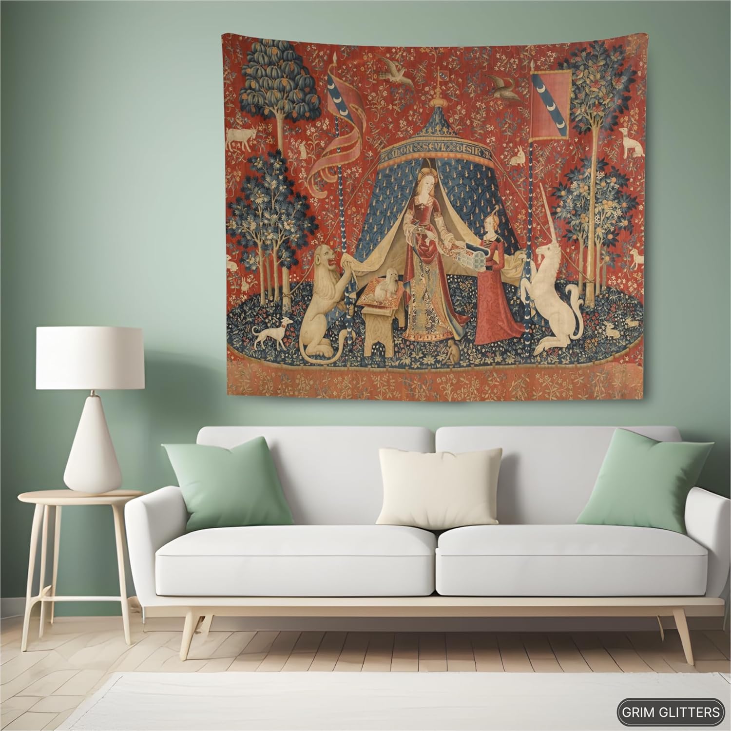 Unicorn Tapestry - The Lady and the Unicorn (Desire) - Medieval Art Reproduction - Magical Home Decor - Fantasy Wall Art