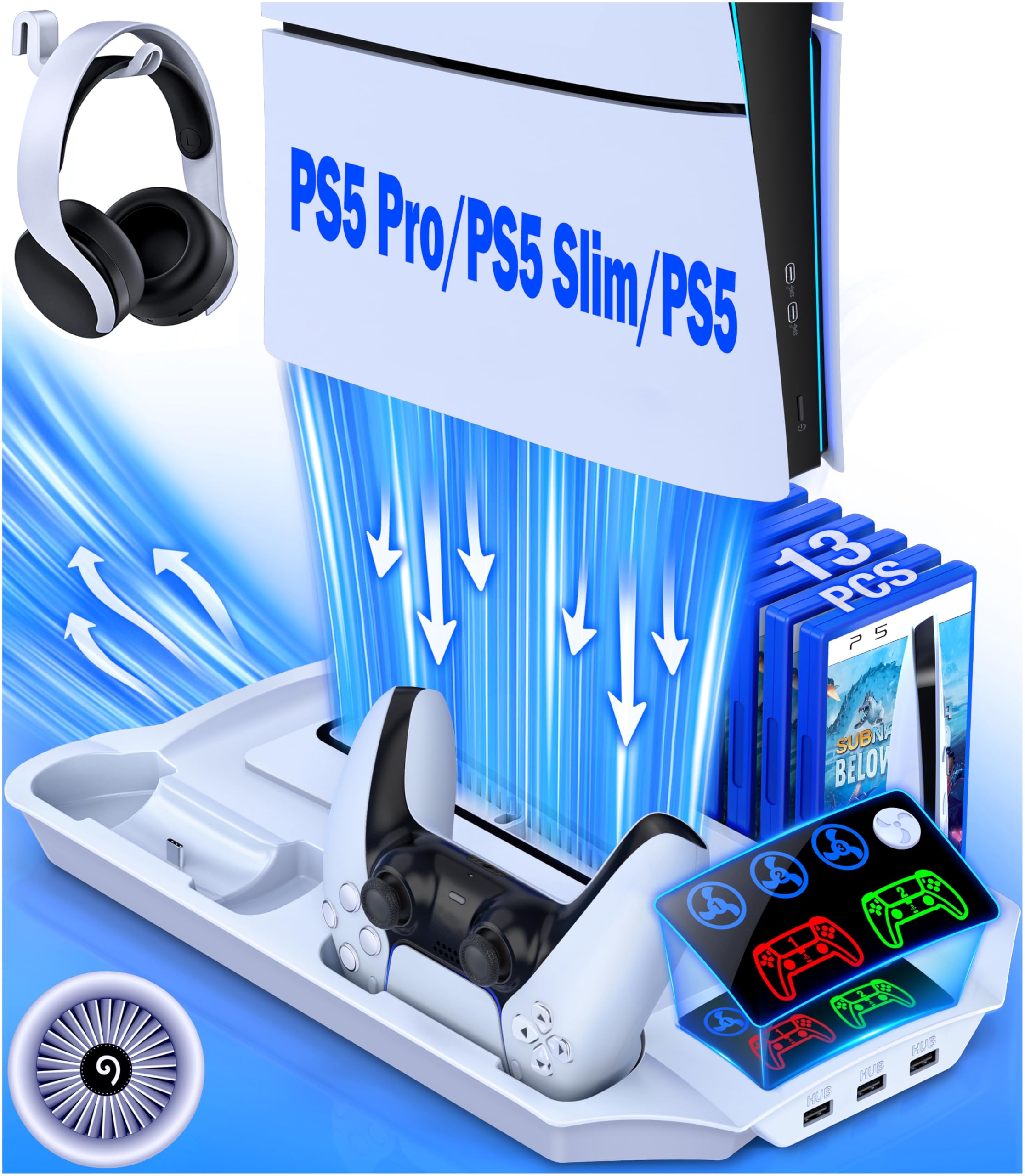 Soporte PS5 Pro/Slim/PS5 y estación de refrigeración con controlador estación de carga para consola digital Playsation de 5 discos, accesorios PS5 con ventilador de refrigeración de 3 niveles, 13
