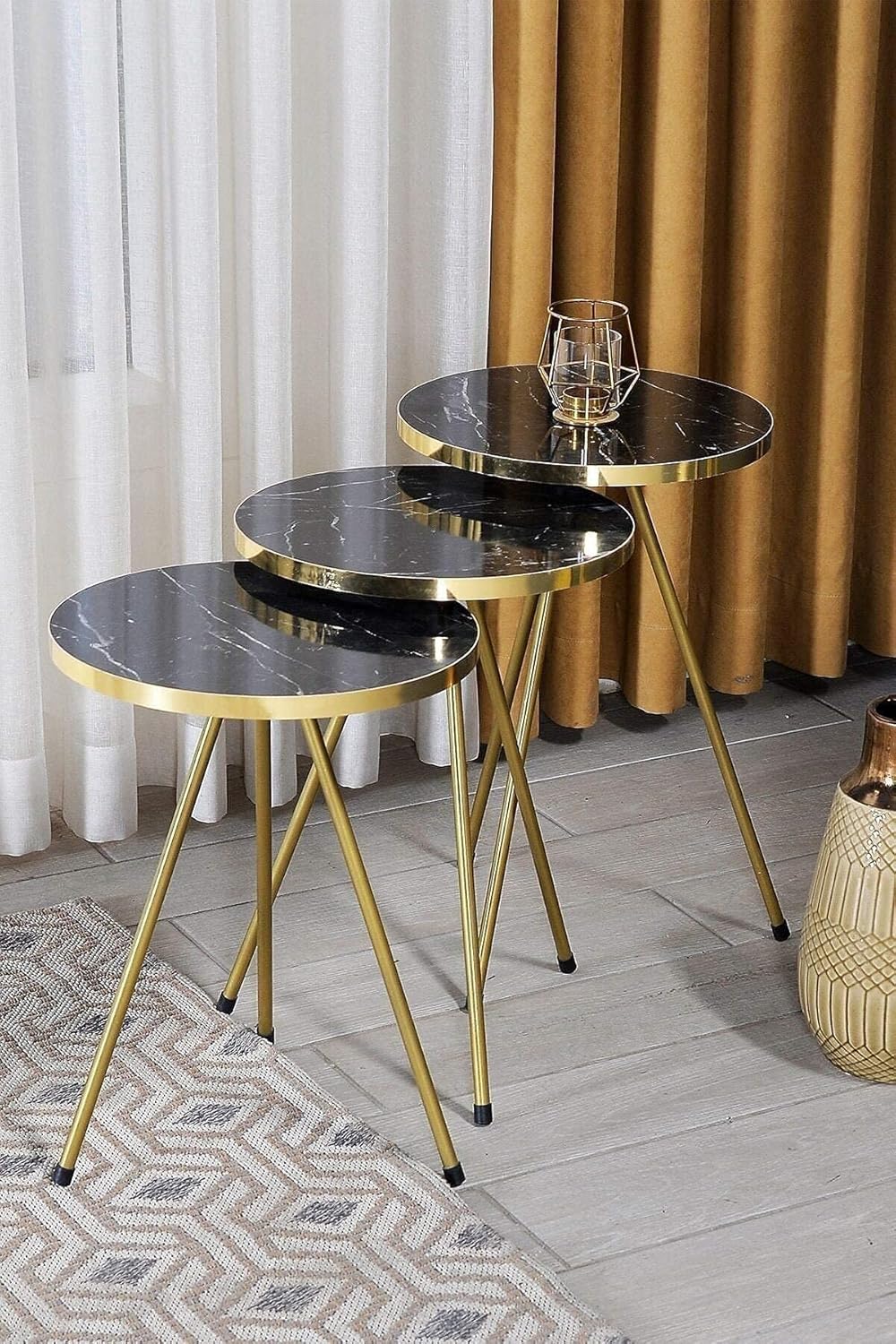 Set of 3 Nesting END Tables - Round Stacking Coffee Side Tables for Small Spaces, Nightstand Bedside Table for Living Room, Bedroom, Living Room, Balcony, NO-TOOLS ASSEMBLY (BLACK MARBLE/GOLD, SUNSET) : Home & Kitchen