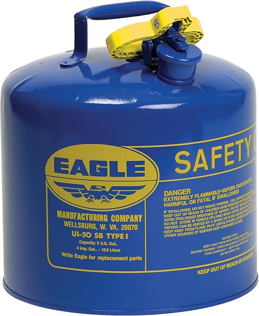 Eagle 5 Gallon Type I Blue Safety Gas Can for Kerosene with Flame Arrester and Self-Closing Lid, Made in the USA, Galvanized Steel Flammable Storage Can, UI50SB