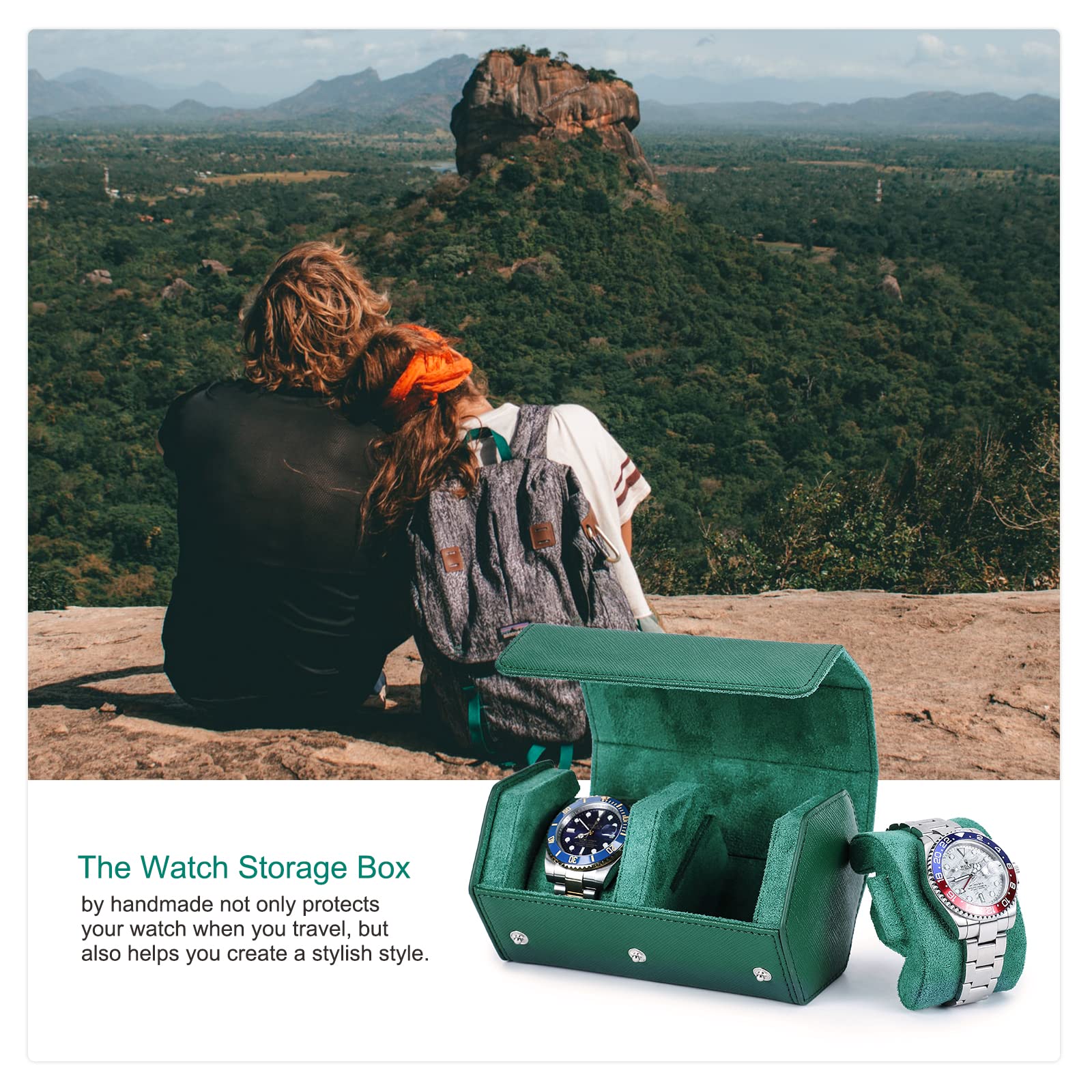 Étui de Voyage pour Montres Hiram en Cuir véritable, hexagone, pour 2 Montres, boîte de Rangement et Organisateur de Protection pour Montres-Bracelets (Vert)