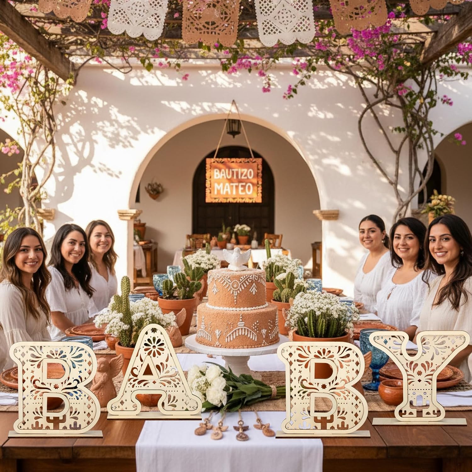 Sliner 4 Pcs Wood Baby Letters for Baby Shower Boho Cielito Lindo Nursery Decor Rustic Alphabet Letter Home Decoration for Newborns Birthday Gifts Talavera Table Centerpiece Holiday