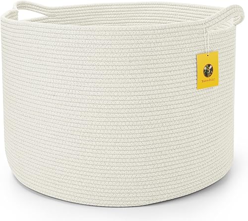 Bambiso Cesta de cuerda de algodón marrón y blanco tamaño mega de 22 x 22 x 16 pulgadas cesta de almacenamiento de tela tejida contenedor de