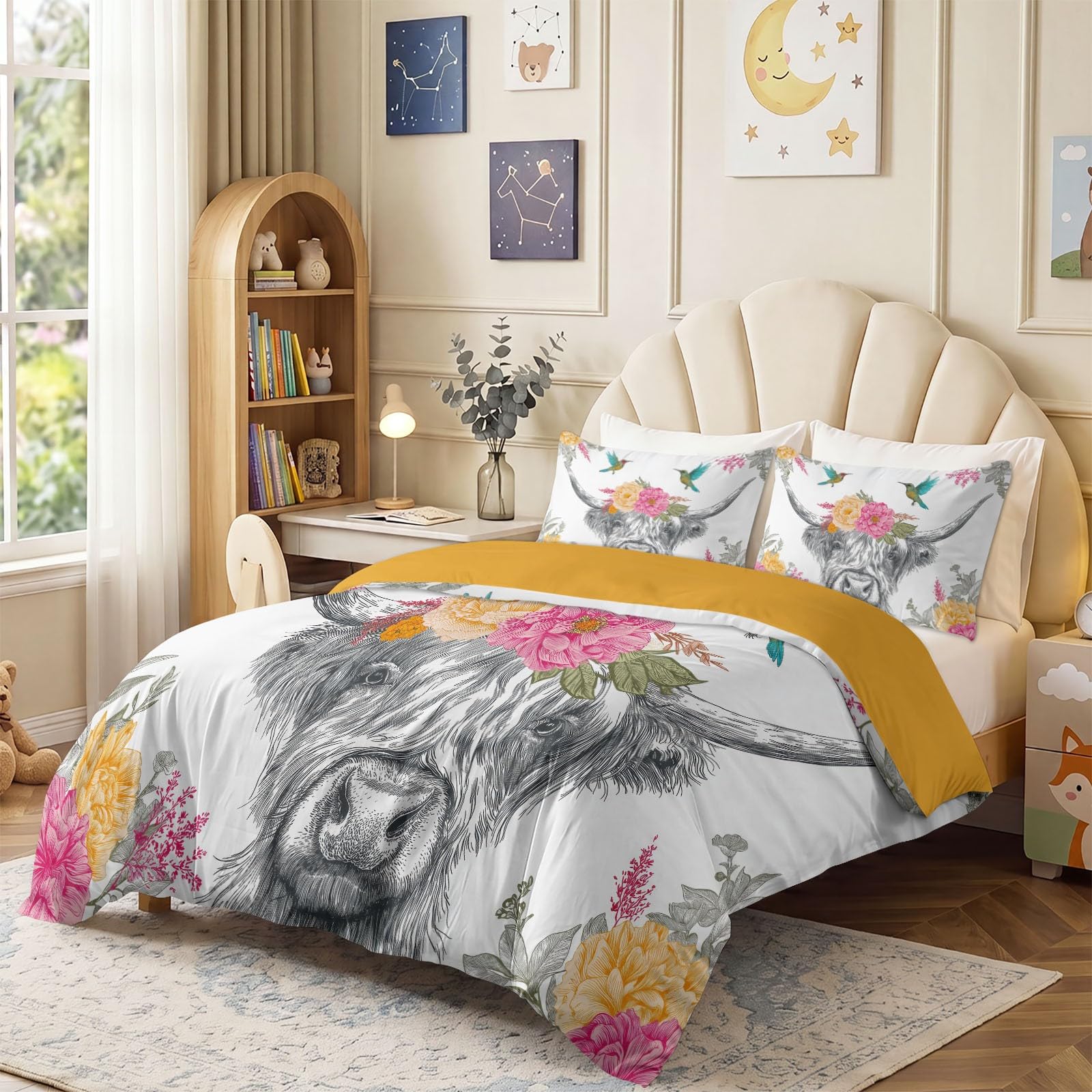 Pastoral Bohemian Dwustronna poszwa na kołdrę Krowa Highland Kwiaty Ptaki Liście 2 osoby i 2 poszewki na poduszki, 240 x 220 cm Zestaw pościeli z mikrofibry z zamkiem błyskawicznym, biały
