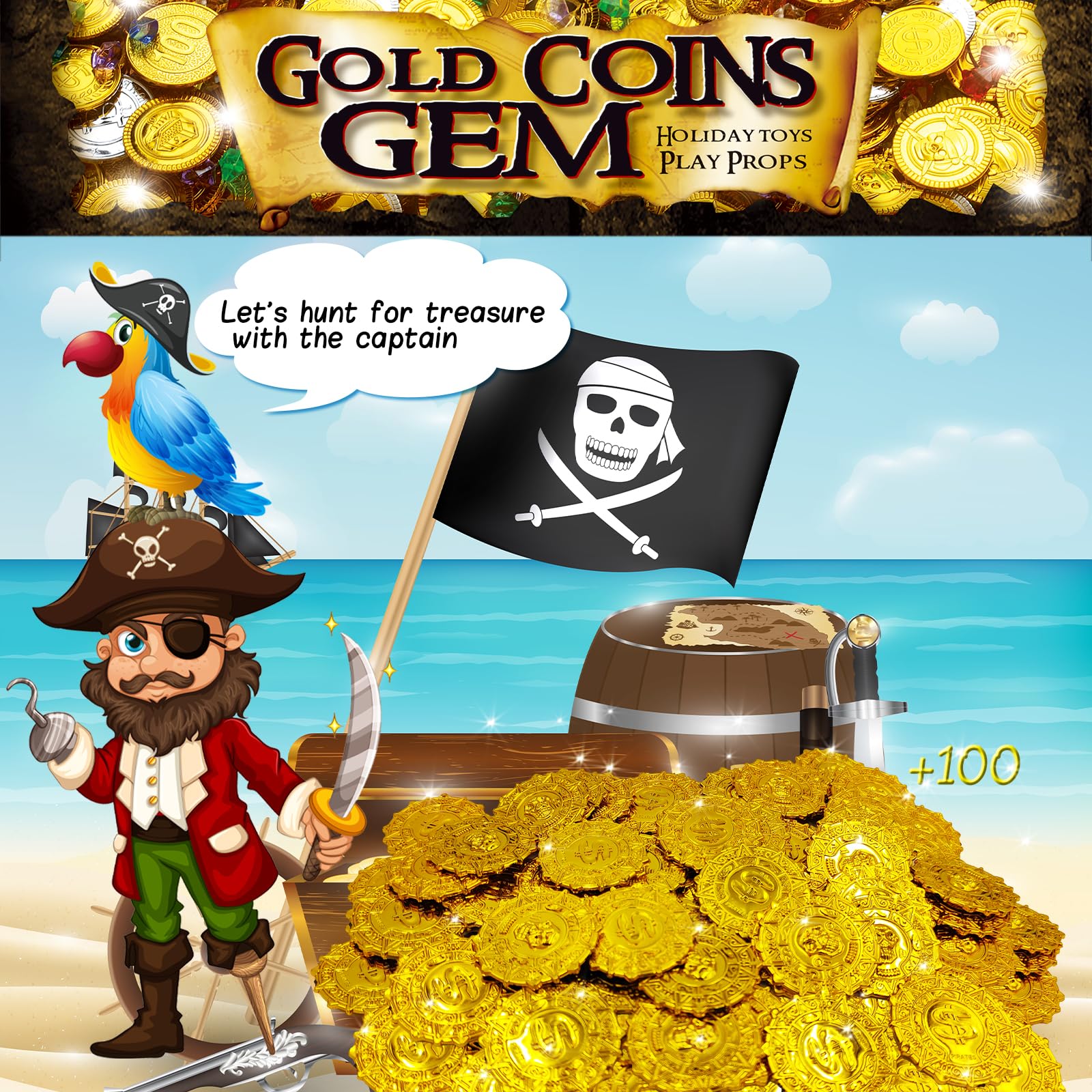 Gold Pirate Coins Set of 100, Plastic Gold Play Treasure Coins Toys for Play Favor Party Supplies, Pirate Party, Treasure Hunt Game and Party Favors
