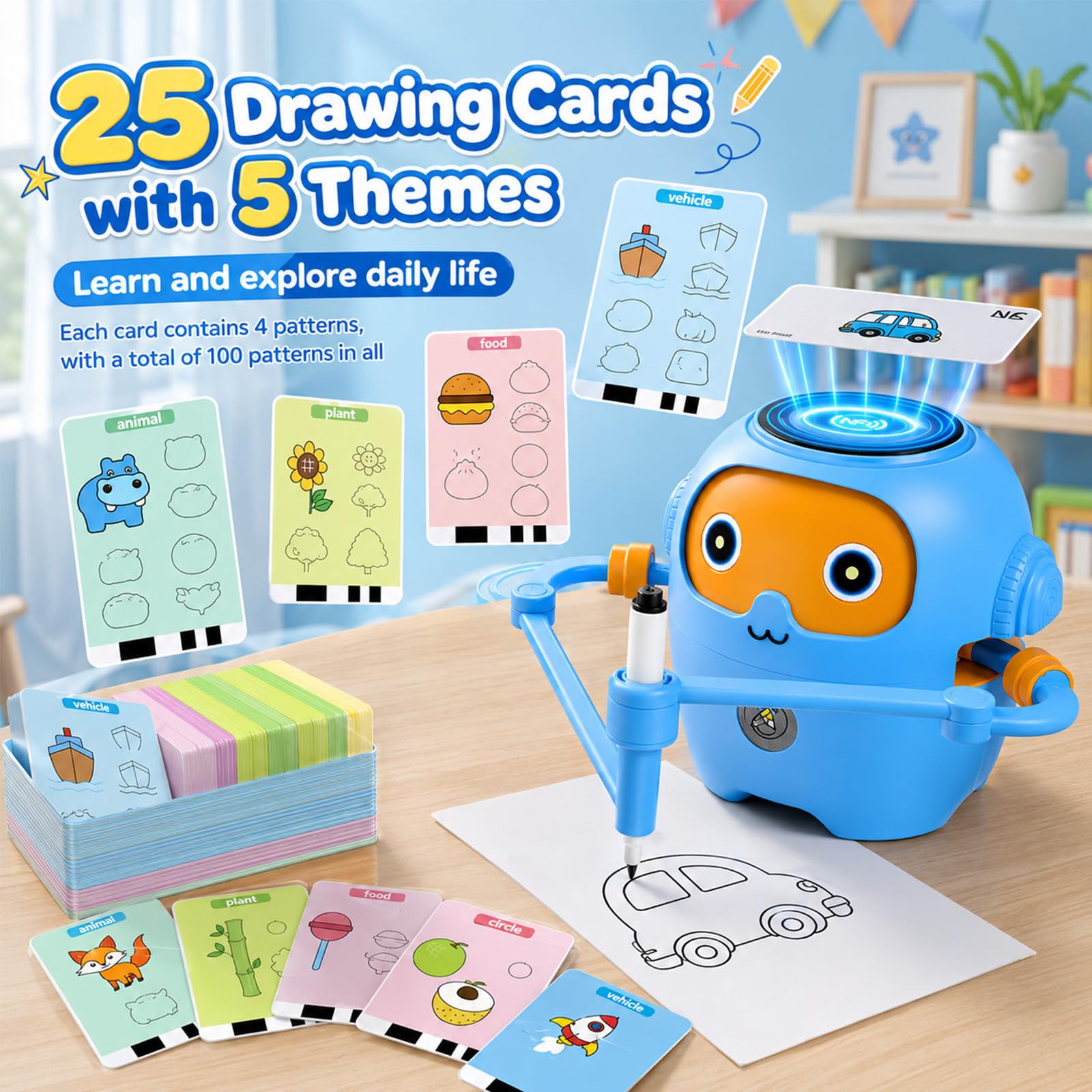 Robot de Dibujo para Niños con Guía de Voz, 25 NFC Tarjetas, 12 Rotuladores