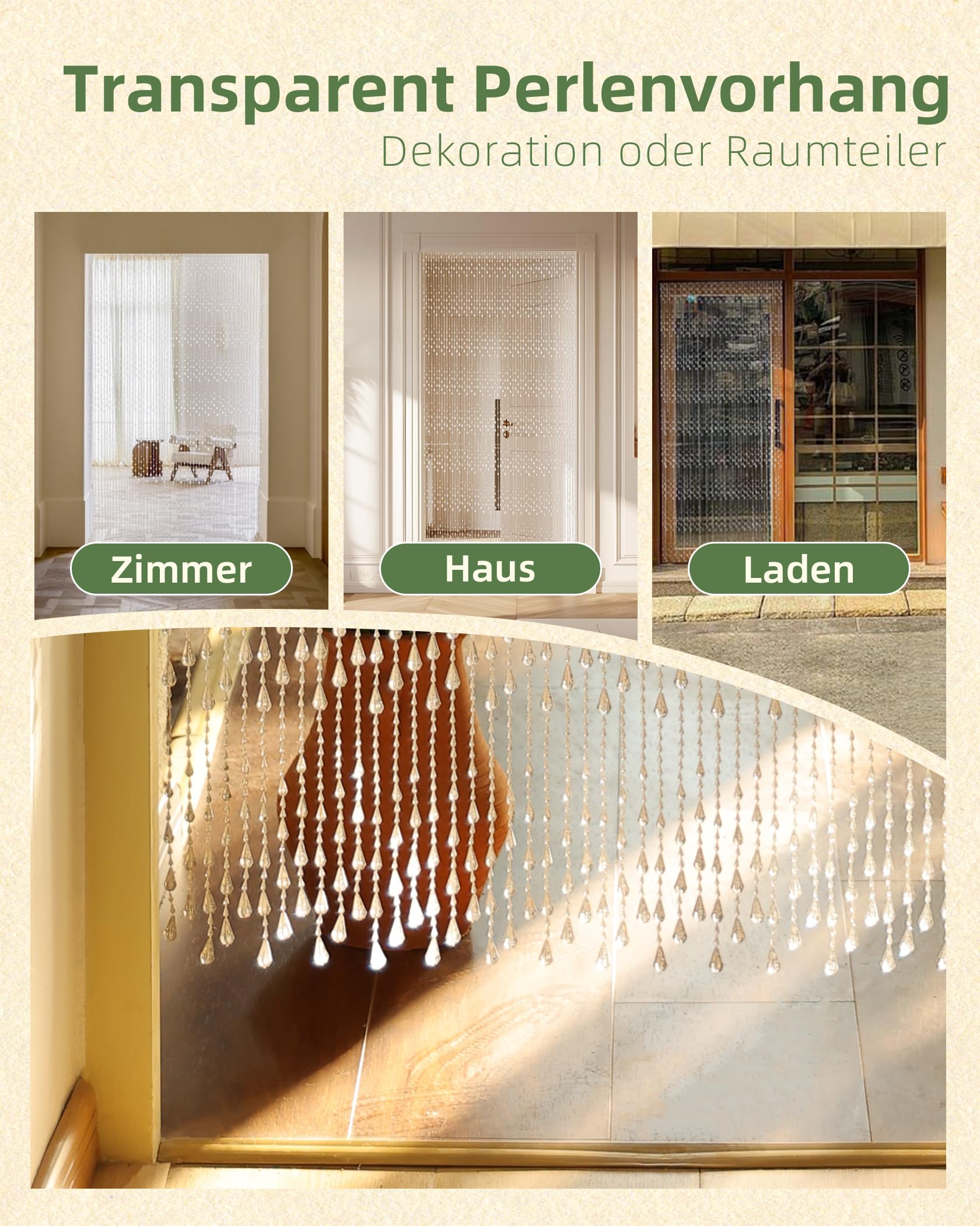 Transparent Perlenvorhang Balkontür 90x200cm, 60 Stränge Kunststoffperlenvorhang Perlenvorhang Türvorhang als Insektenschutz und Dekoration für Balkontür, Zimmer(Gezeiten Stil)
