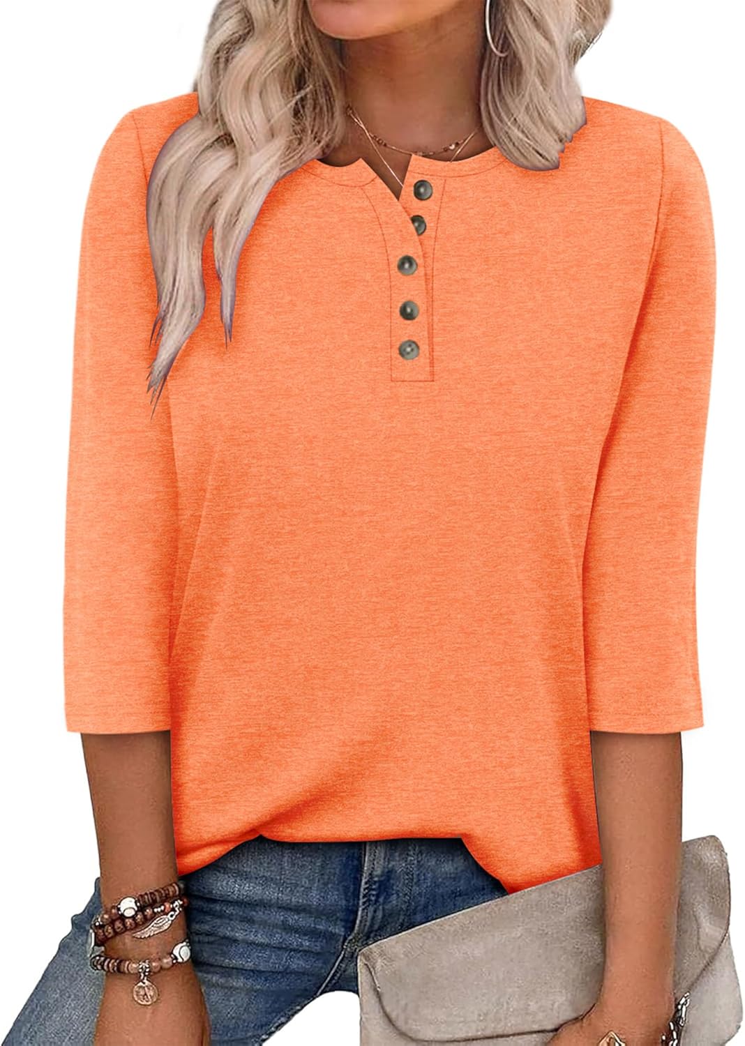 CRAZY GRID Womens Fashion 3/4 Sleeves Tops Fall Crew Neckline Loose Fitting Type Button Down Business Work T Shirts - Image 3