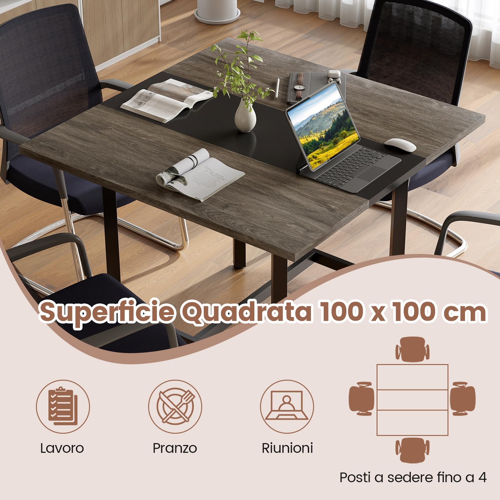 COSTWAY Tavolo da Conferenza Quadrato 100 cm, Tavolo da Riunioni con Piano Rinforzato e Struttura Metallica Robusta, Ideale per 4 Persone da Ufficio e Sala Riunioni (Grigio)