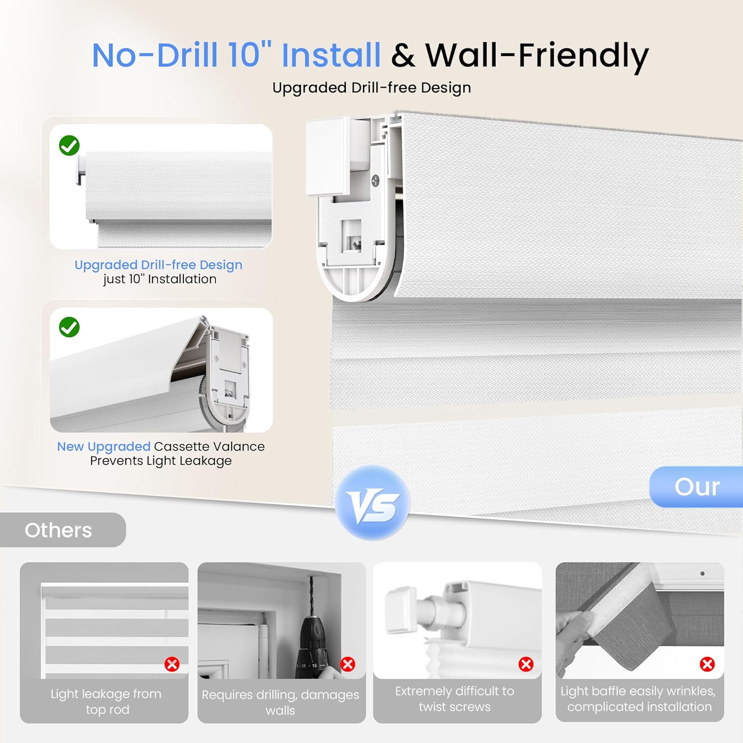 Grandekor No Drill Cordless Zebra Blinds, Dual Layer Light Filtering Day & Night Roller Shades, Inside Mount Free-Stop Privacy Window Shades for Home, Easy Install(20" W x 48" H, White) 0-white-light Filtering 20"W x 48"H