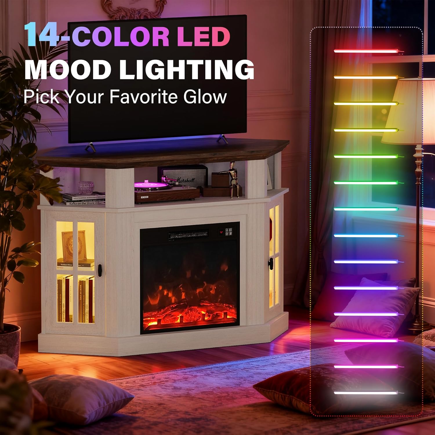 Close-up of the electric fireplace controls and remote, showing flame, heat, mood light, and timer functions