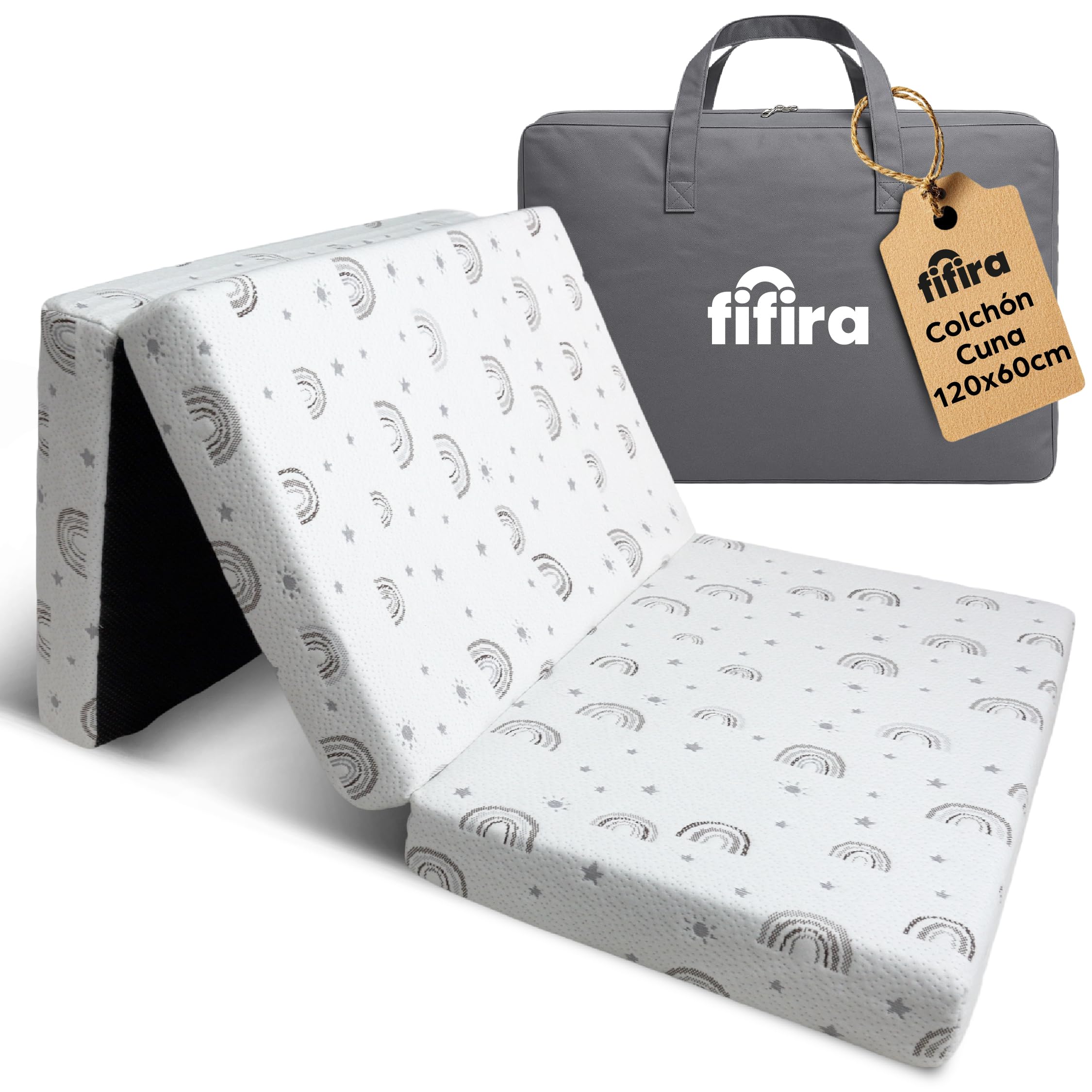 Colchón Cuna de Viaje 120x60 cm Plegable – Colchón para Bebé con Funda Extraíble y Lavable, Espuma Cómoda y Transpirable, Incluye Bolsa de Transporte