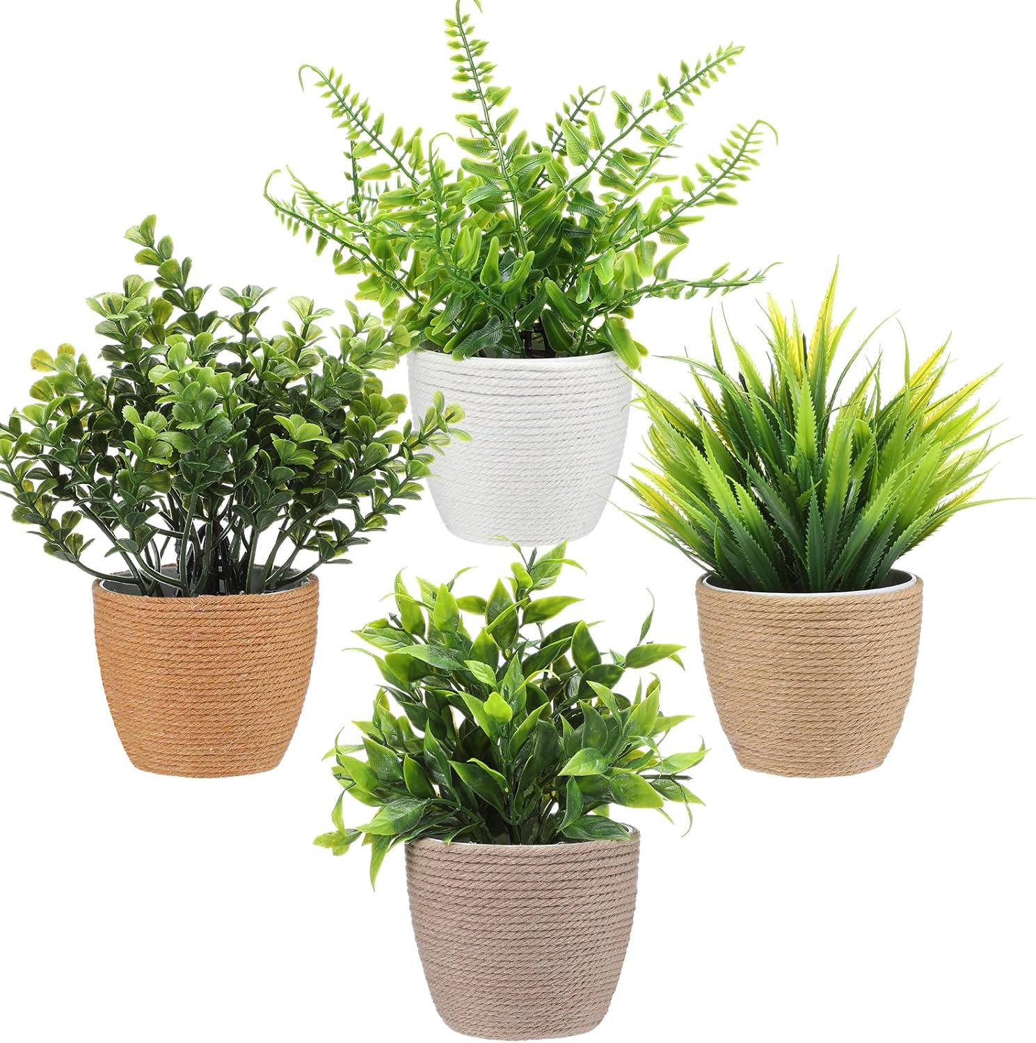 Suncalla 4 Pcs Small Woven Artificial Plants Boho Potted Fake Plants Mini Plasti…
