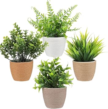 Suncalla 4 Pcs Boho Woven Artificial Plants, Small Fake Plants 8.7" | Small Faux Eucalyptus in Woven Planters, Waterproof Fake Potted Greenery for Farmhouse Bathroom Home Office Shelf Decor