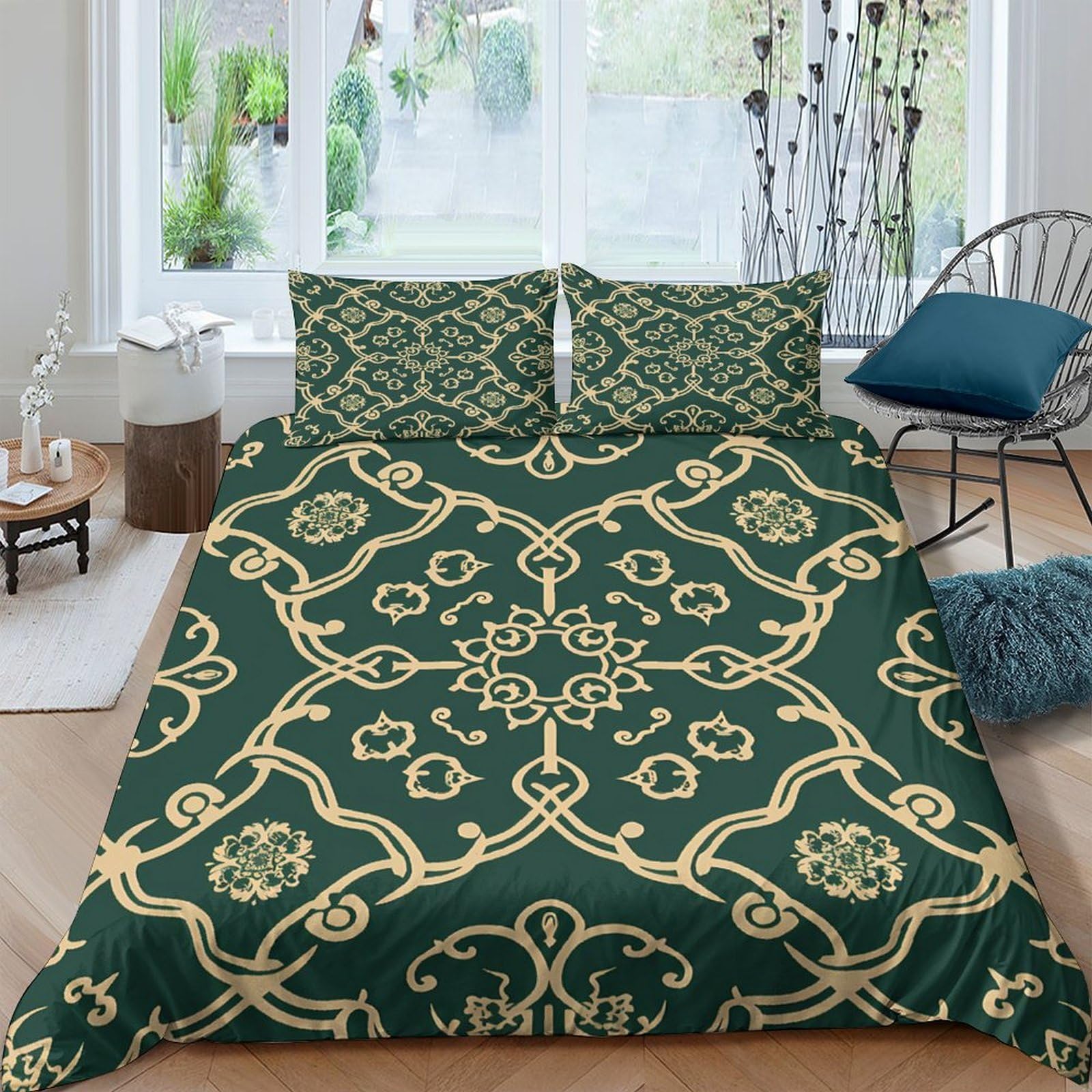 Ctjqhvkz Style-7 3D Printed Baroque Green Gold Fitted Sheet Microfiber Breathable Vintage Pattern Bed Cover For Bedroom Guestroom Single（135X200cm）