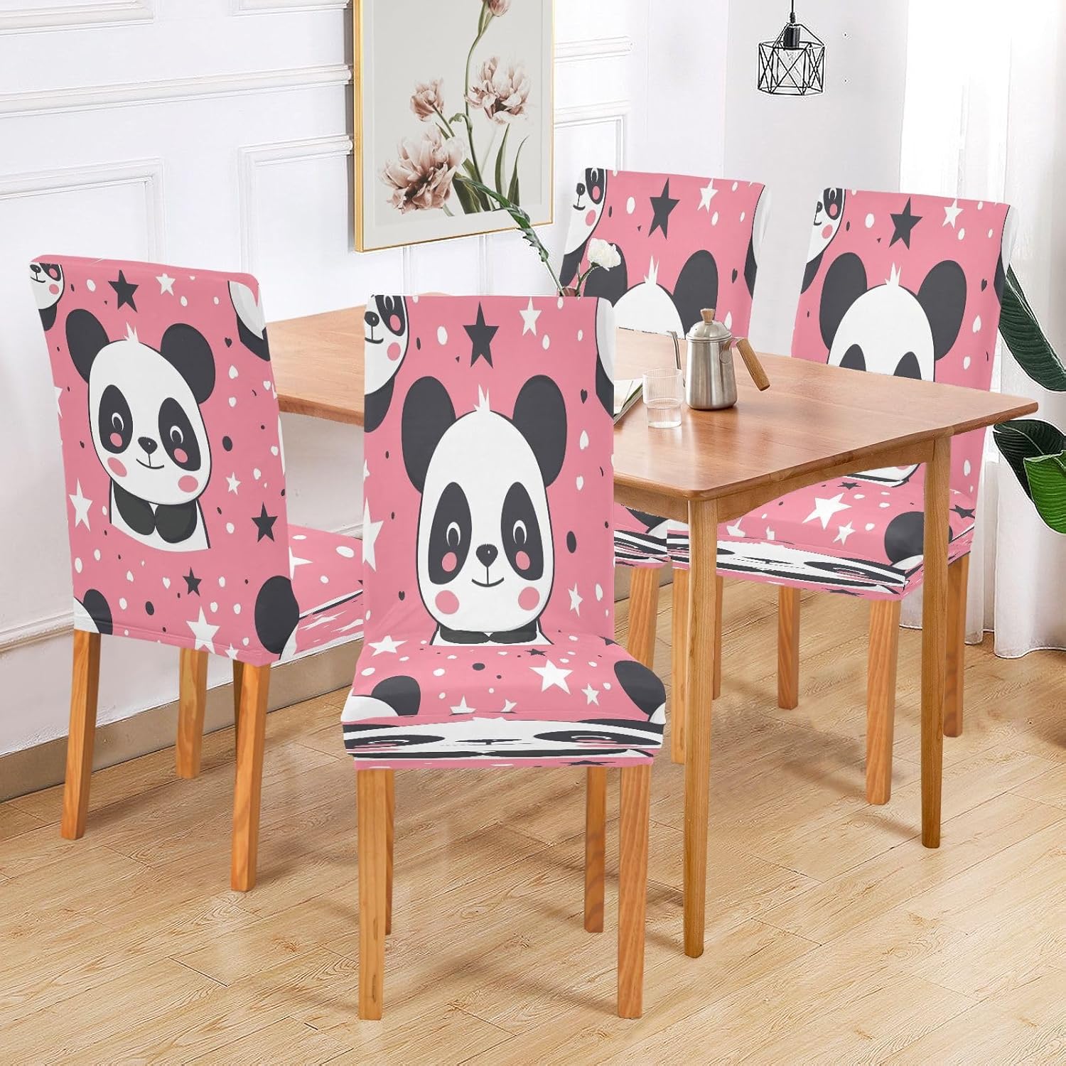 ALAZA Chair Covers for Dining Room, Cute Panda and Star on Pink Stretch Chair Cover Sets Chair Protector for Formal Dining Celebration