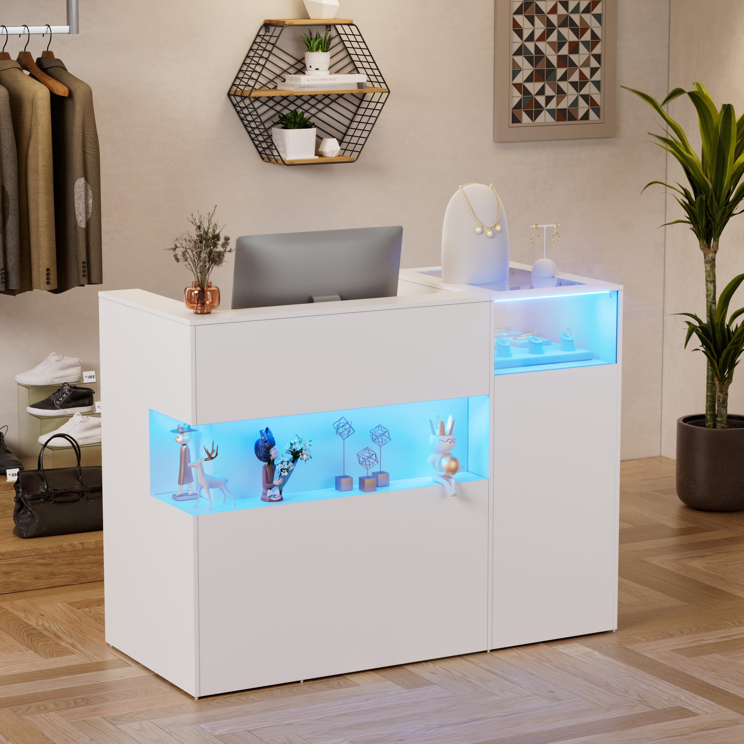 Mostrador de Recepción con LED Grande Escritorio de Recepción Mostrador de Venta con Bandeja para teclado,Cajones y Vitrina de Cristal Mostrador de Tienda para Oficina, Salón, Cafetería 130x60x100CM
