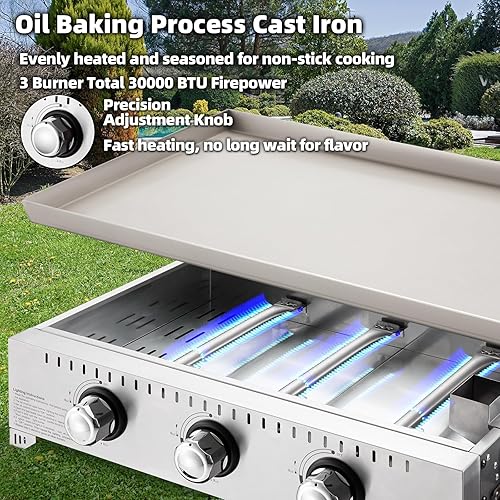 Miniatura 3 de MELLCOM Plancha de gas para exteriores de 3 quemadores de 30000 BTU con tapa (estante lateral), plancha portátil de superficie plana de 28 pulgadas