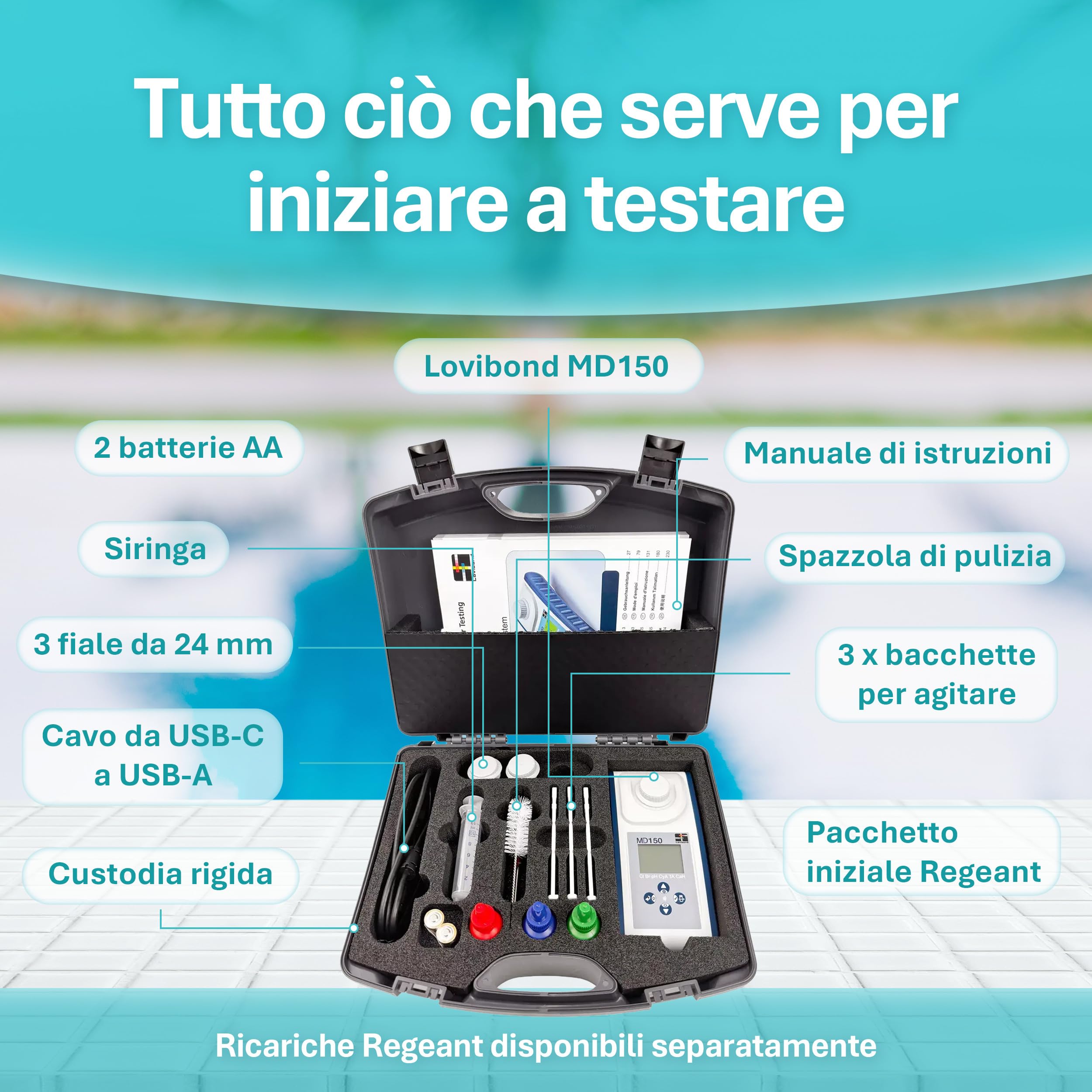 Lovibond MD150 Fotometro – Misuratore 6-in-1 per Cloro, pH, Bromo, Alcalinità Totale, Durezza e Acido Cianurico | Kit Analisi Acqua Multiparametrico con NFC e USB | App AquaLX, Impermeabile IP68