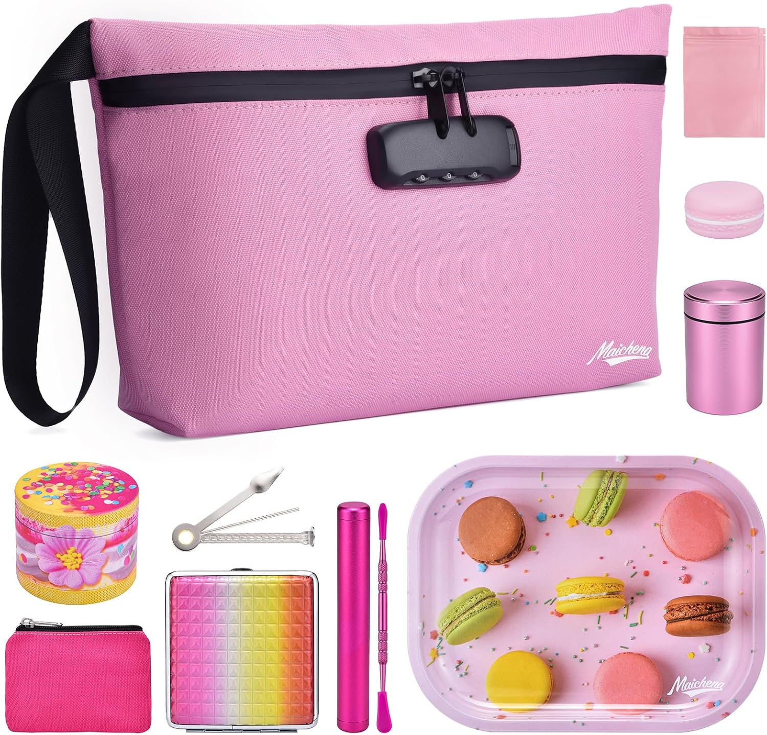 Smell Proof Bag with Combination Lock and 10 Accessories, Travel Medicine Odorless Storage Lock Box Case Container, Unique Design, Ideal Gift for Women, Pink