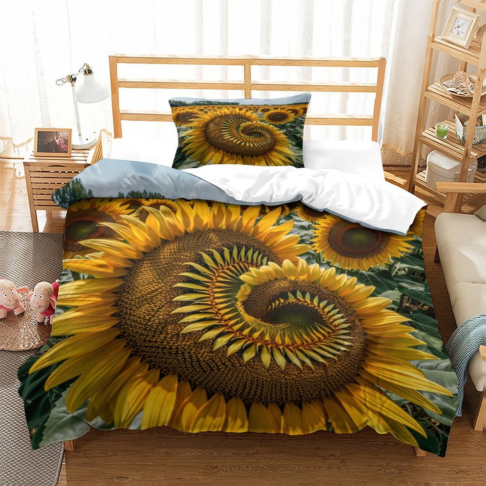 P1S9U7W5Y 3D Printed Sunflower Pattern Duvet Cover Set 3pcs Microfiber Spiral Sunflower Bedding Set Single（135x200cm）
