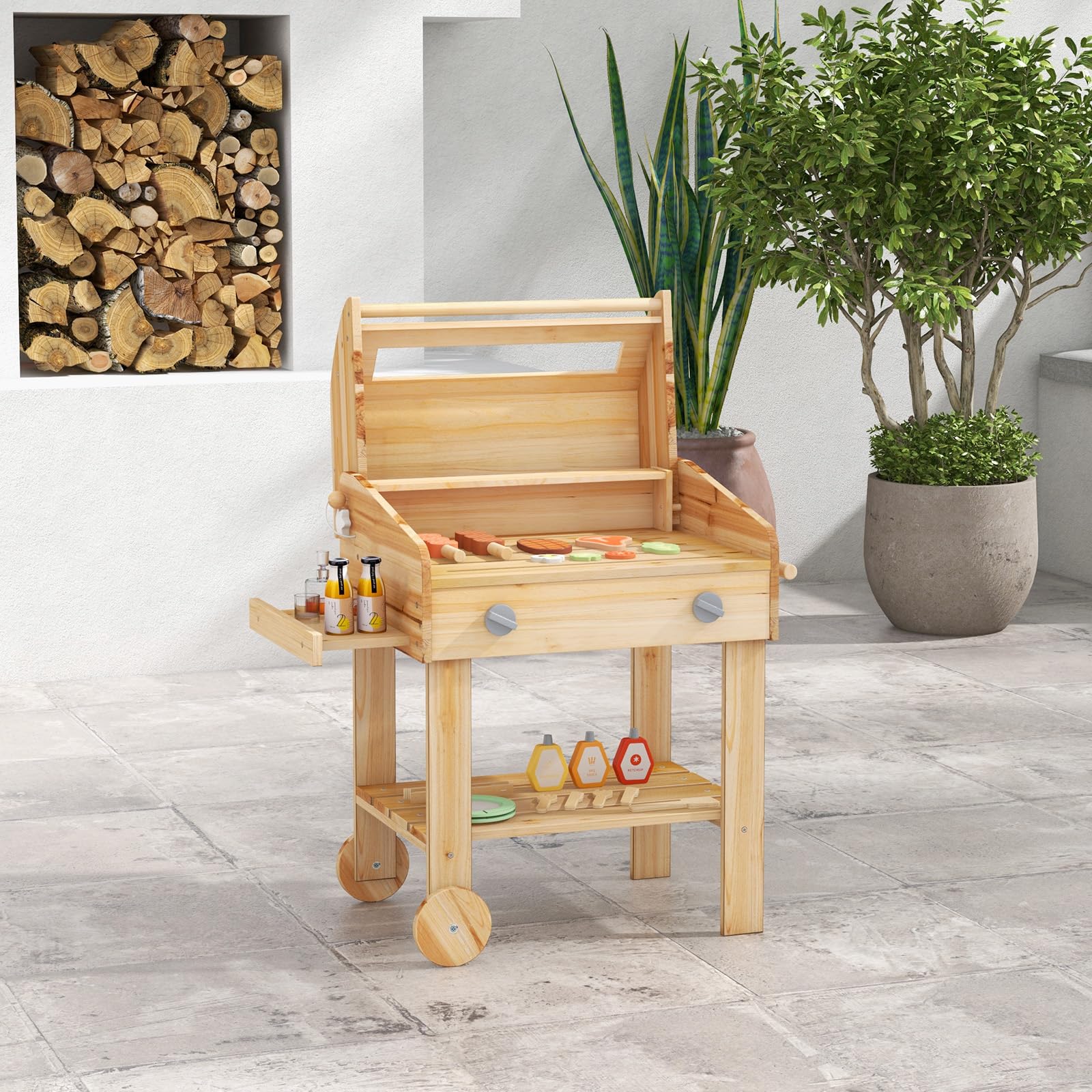 HOMASIS Cuisine de jouet d'extérieur pour barbecue avec ustensiles de barbecue et pots d'épices, ensemble d'imitation de cuisine pour enfants de 3 ans et plus, 53 x 36 x 63 cm, naturel
