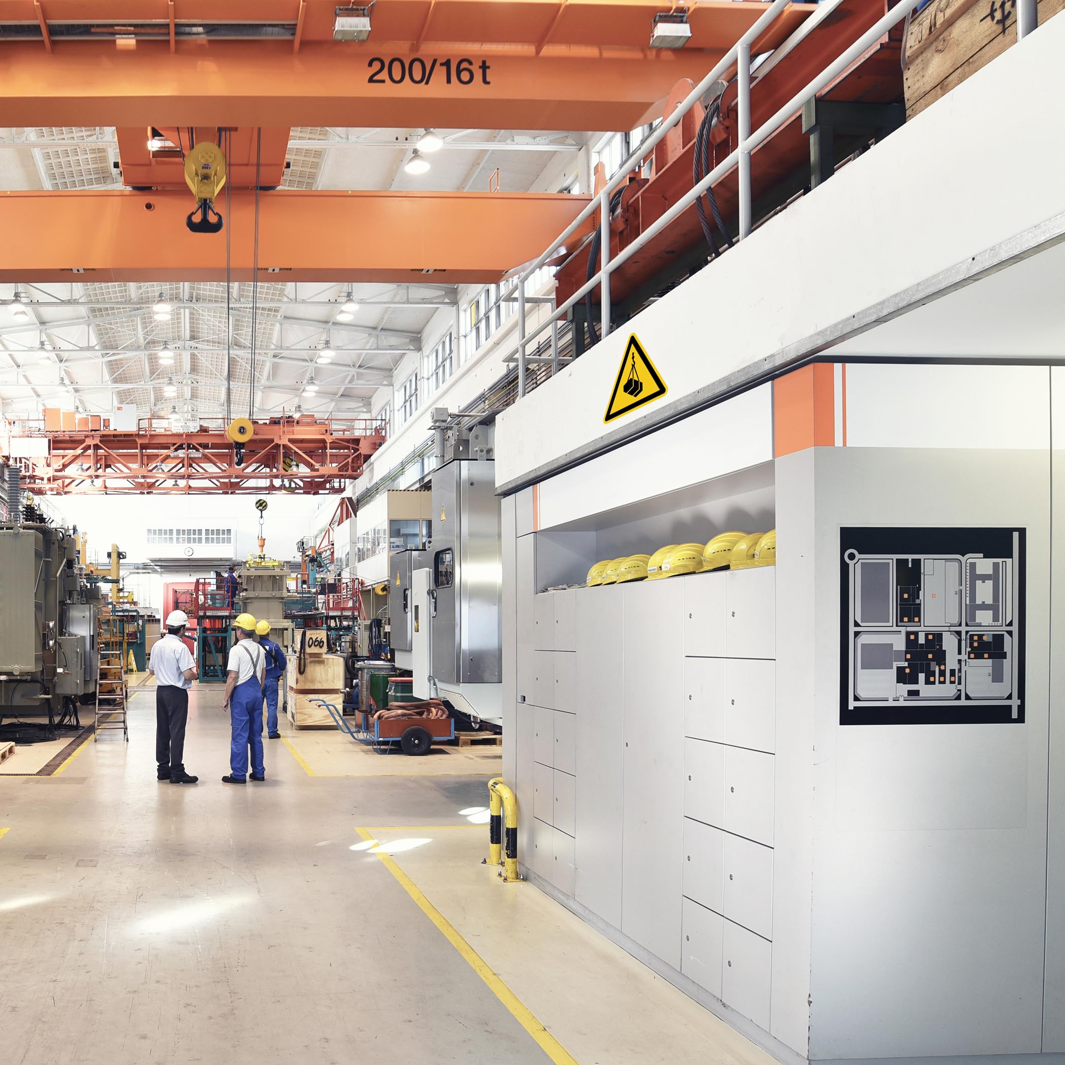 Señal de advertencia de carga flotante, símbolo de advertencia según DIN EN ISO 7010 ASR A1.3 W015 – Adhesivo de advertencia para sistemas de grúas, equipos de elevación industrial, adhesivo