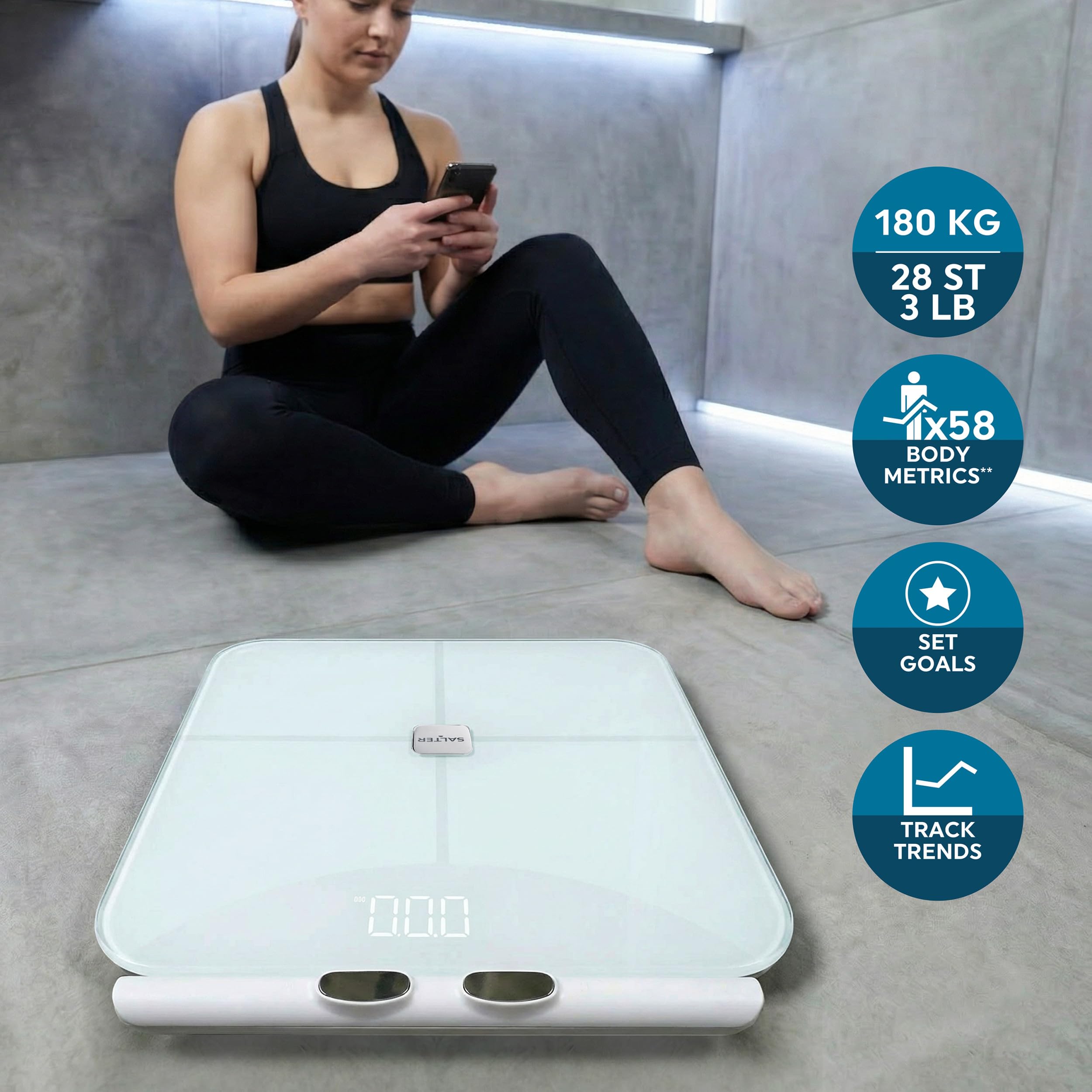 Salter Body Insight Smart Scale - Peso, Massa Grassa, Massa Muscolare, Massa Ossea, BMI, 8 Sensori ad Alta Precisione, Analisi dell'Impedenza Corporea Mano-Piede, Salter Balance App, LED, 180kg Bianco