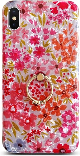 Qokey Funda para iPhone Xs Max, funda transparente con bonito diseño de flores de jardín rosas, funda con soporte para mujeres, niñas y hombres con