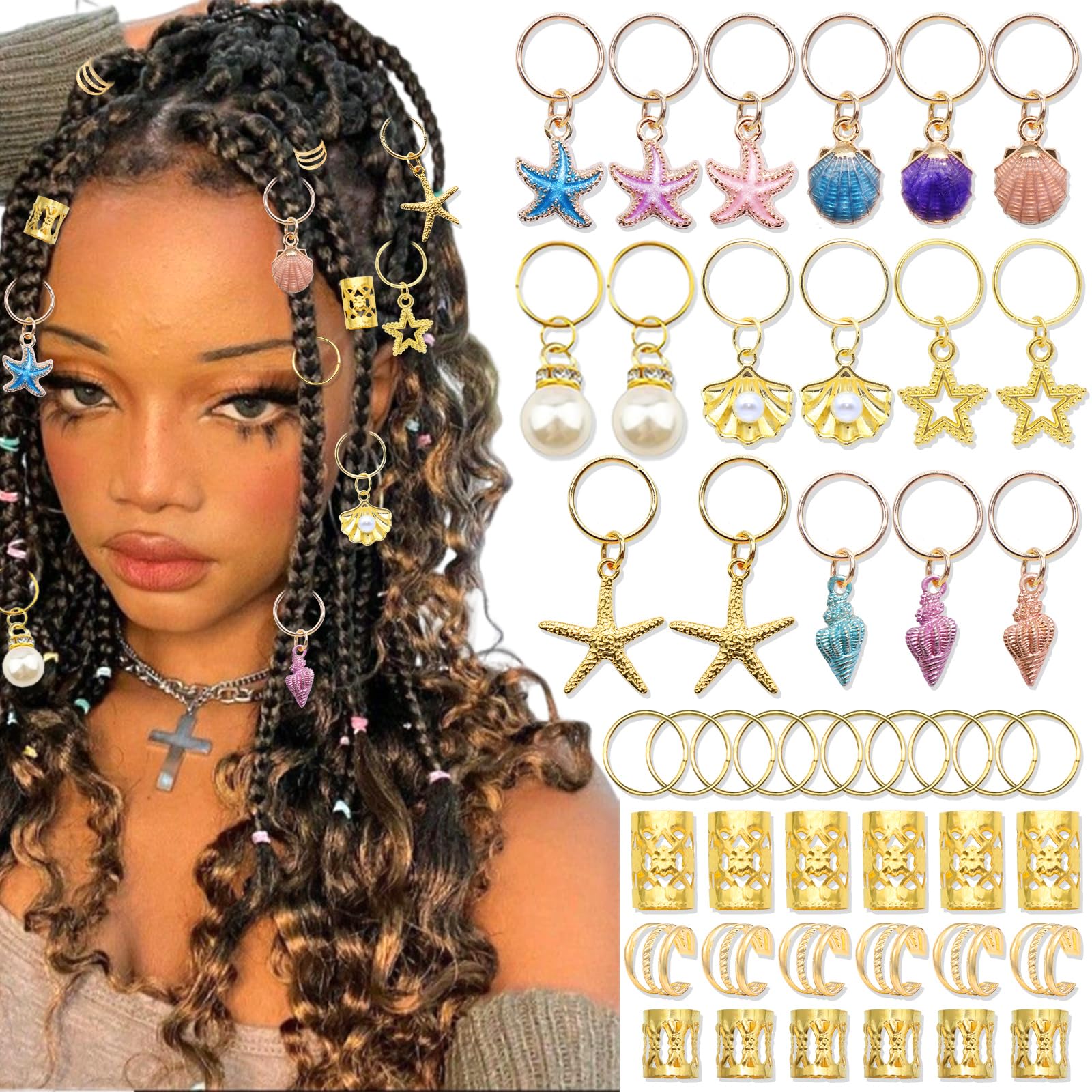 Photo 1 of VENOFEN 45PCS Shell Loc Jewelry Colorful Starfish Braid Clips Gold Dreadlock Accessories Metal Hair Cuffs Rings for Braids Women Girls Hair Decoration