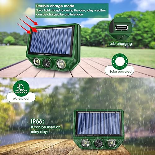 Miniatura 3 de Paquete de 2 repelentes de gatos ultrasónicos solares disuasorios para exteriores, repelente de mapaches, repelente ultrasónico de animales,