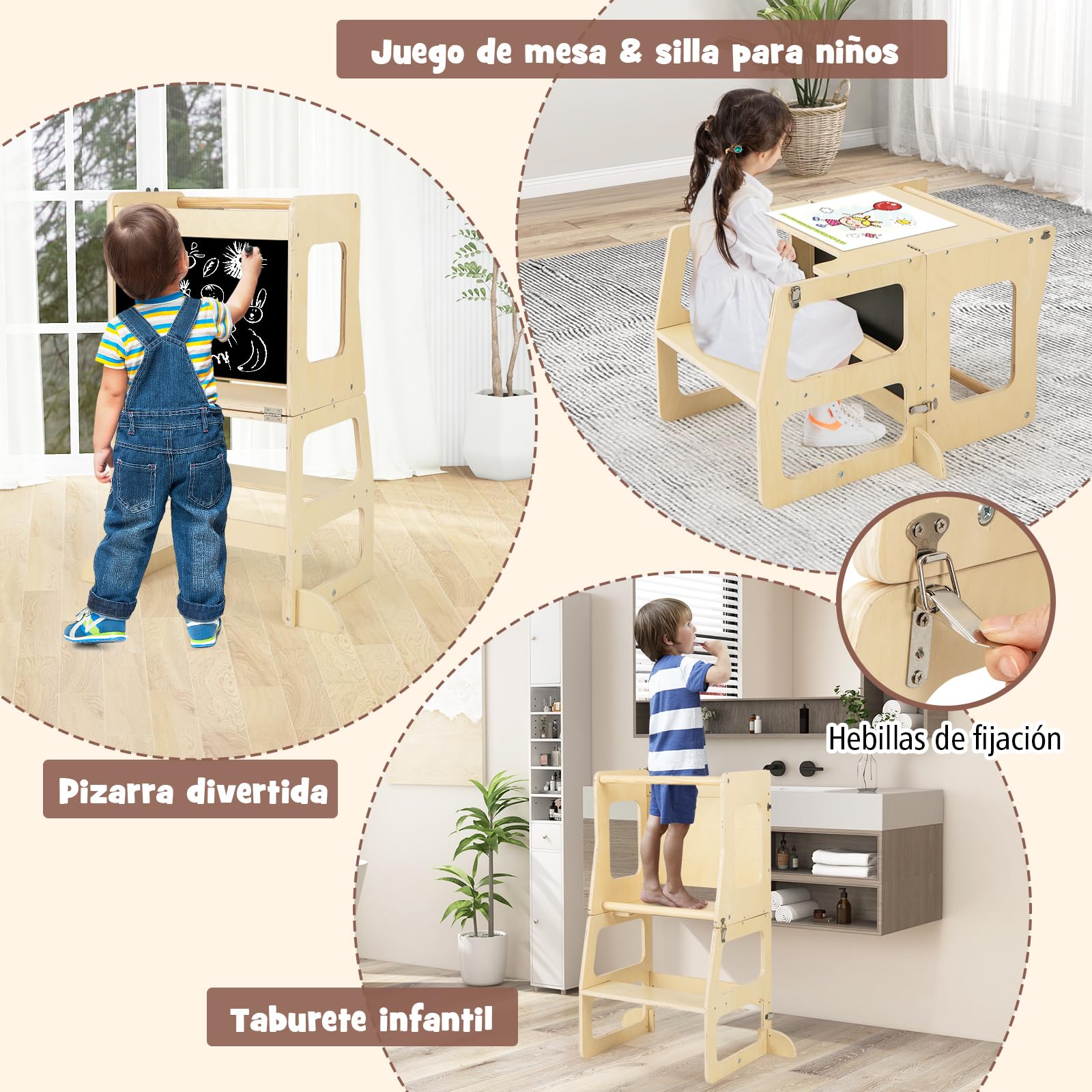 COSTWAY 7 en 1 Triángulo de Escalada de Madera para Niños con Rampa Reversible, Torre de Aprendizaje Plegable Montessori, Mesa y Silla Infantil, Pizarra Divertida, para Niños de 3-14 Años (Multicolor)