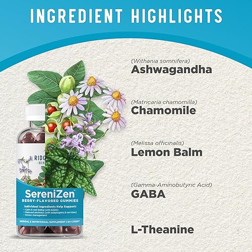 Miniatura 4 de RidgeCrest Herbals SereniZen - Gomitas con Ashwagandha, GABA, L-teanina, manzanilla y bálsamo de limón, apoya la relajación y la calma, el control