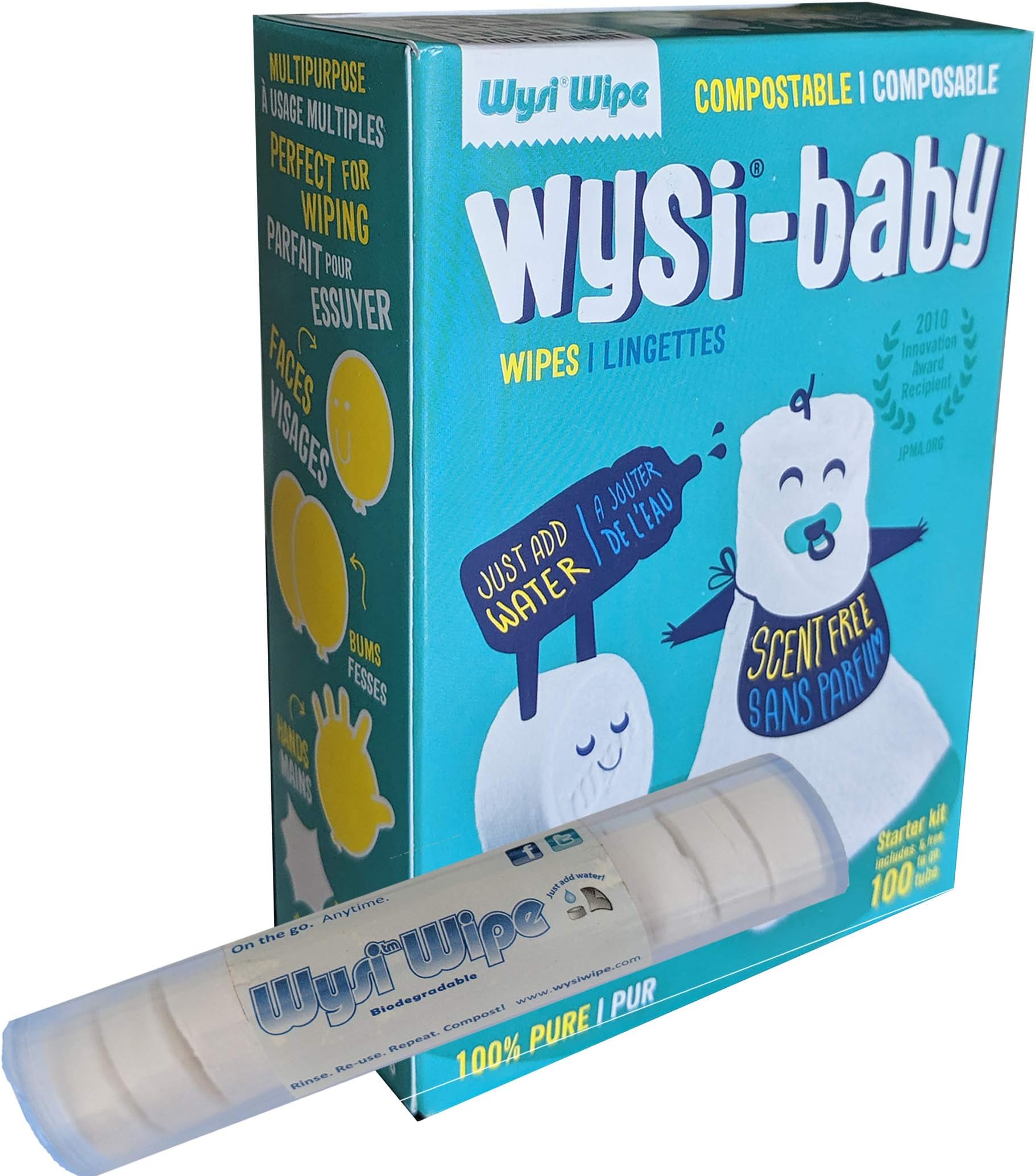 Wysi Baby Starter Kit Multi-Purpose Expandable Wipes & Travel Tube - Just Add Water - 100 Compressed Tablets - All Natural Reusable Wipes & Towellettes - Hypoallergenic - Compostable - Gentle