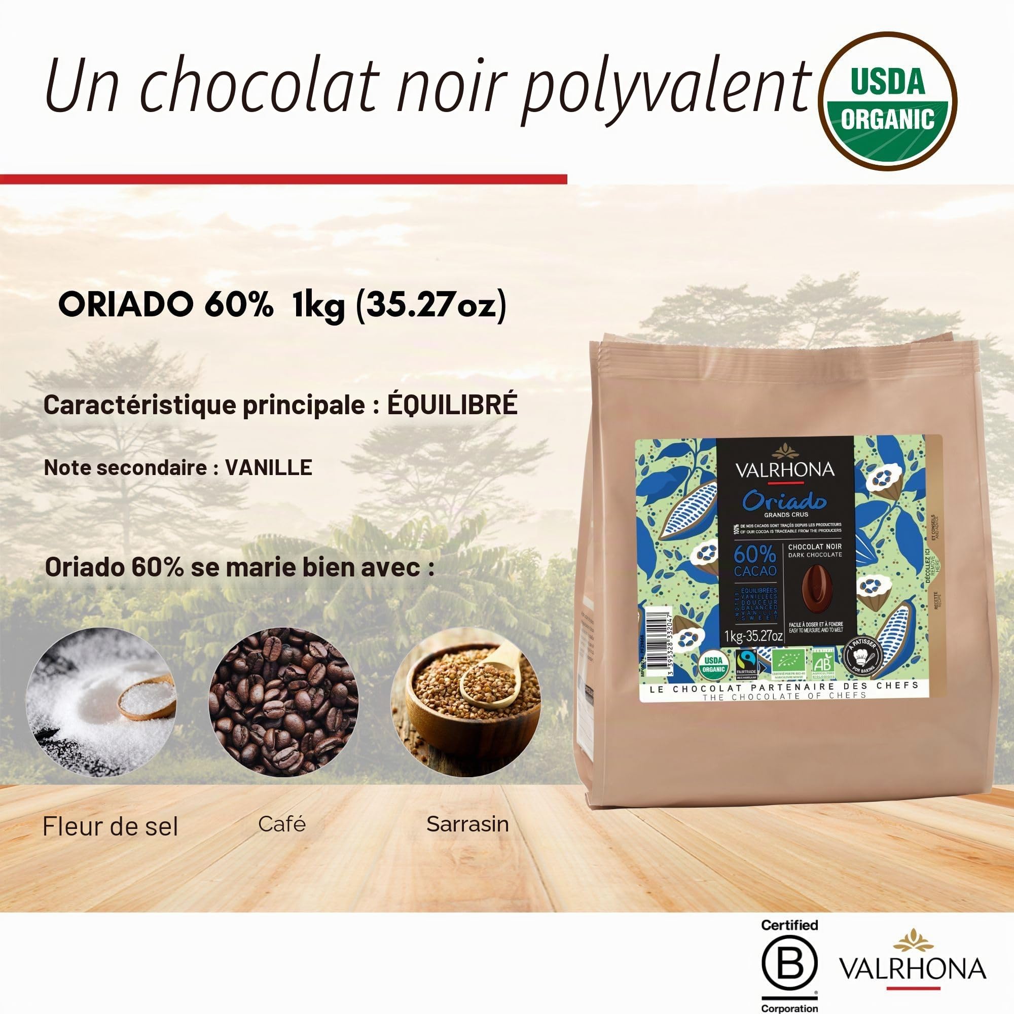 Valrhona Disques de chocolat noir de cuisson française (fèves) ORIADO 60% Cacao Bio et commerce équitable Trempe facile Crémeux et équilibré Pour brownies, gâteaux, mousses et glaçages 1 kg (1 pièce)