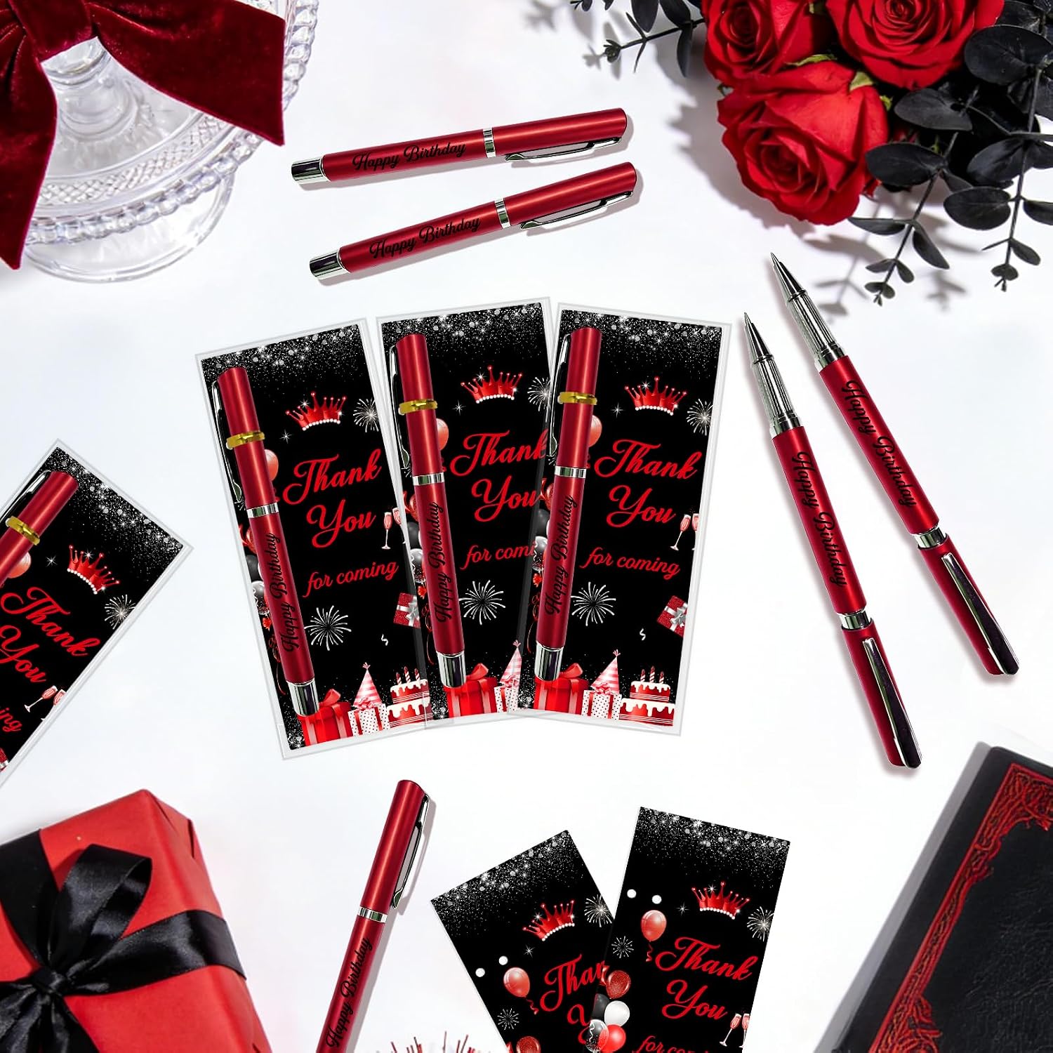 Red Black Happy Birthday Party Favors Pens with Thank You Cards Set of 25 for Guest Souvenirs for 20 30 40 50 60 70 80 Birthday Celebration Return Gifts for Office School Party Supplies image 2