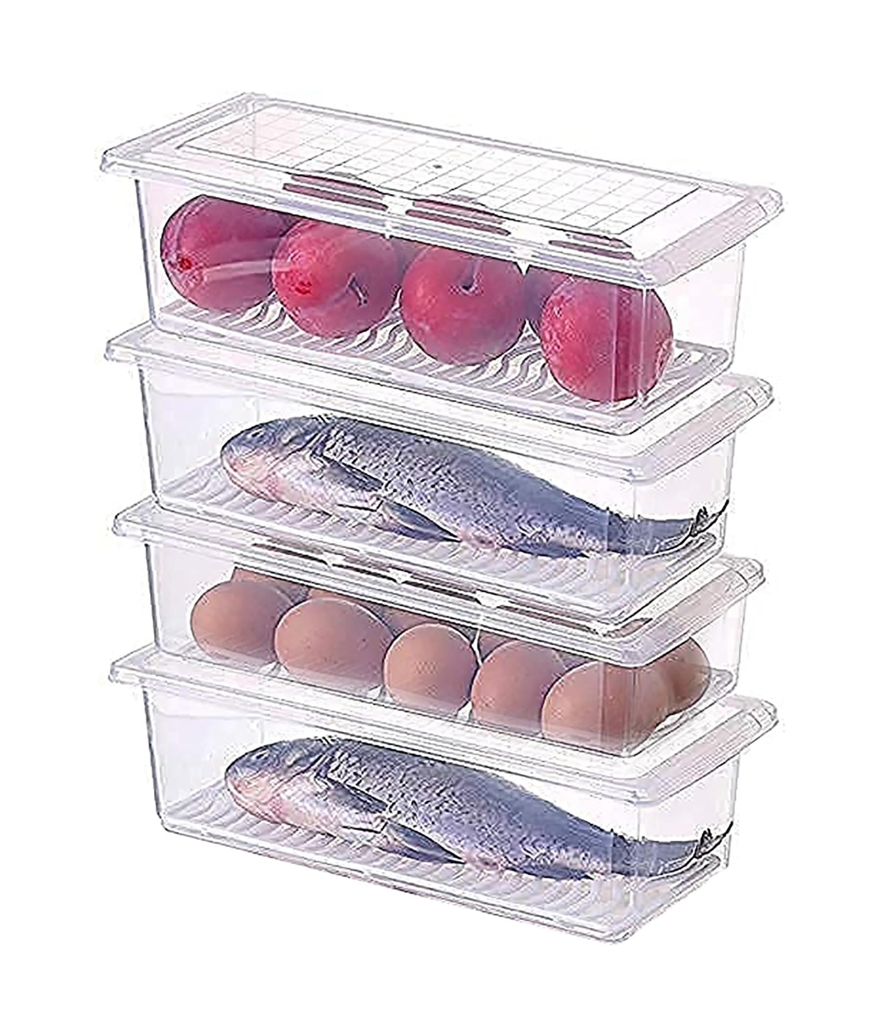 ATOZEE STORE Fridge Storage Boxes Fridge Organizer with Removable Drain Plate & Lid, Stackable Portable Freezer Storage Containers Tray To Keep Fresh for Meat, Fruits, etc. (2500ml, Pack of 4)