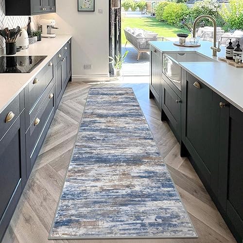 Miniatura 3 de KOZYFLY Alfombra moderna abstracta lavable de 2.6 x 10 pies, antideslizante, suave, alfombra de camino de cocina, alfombra a rayas azules óxido para