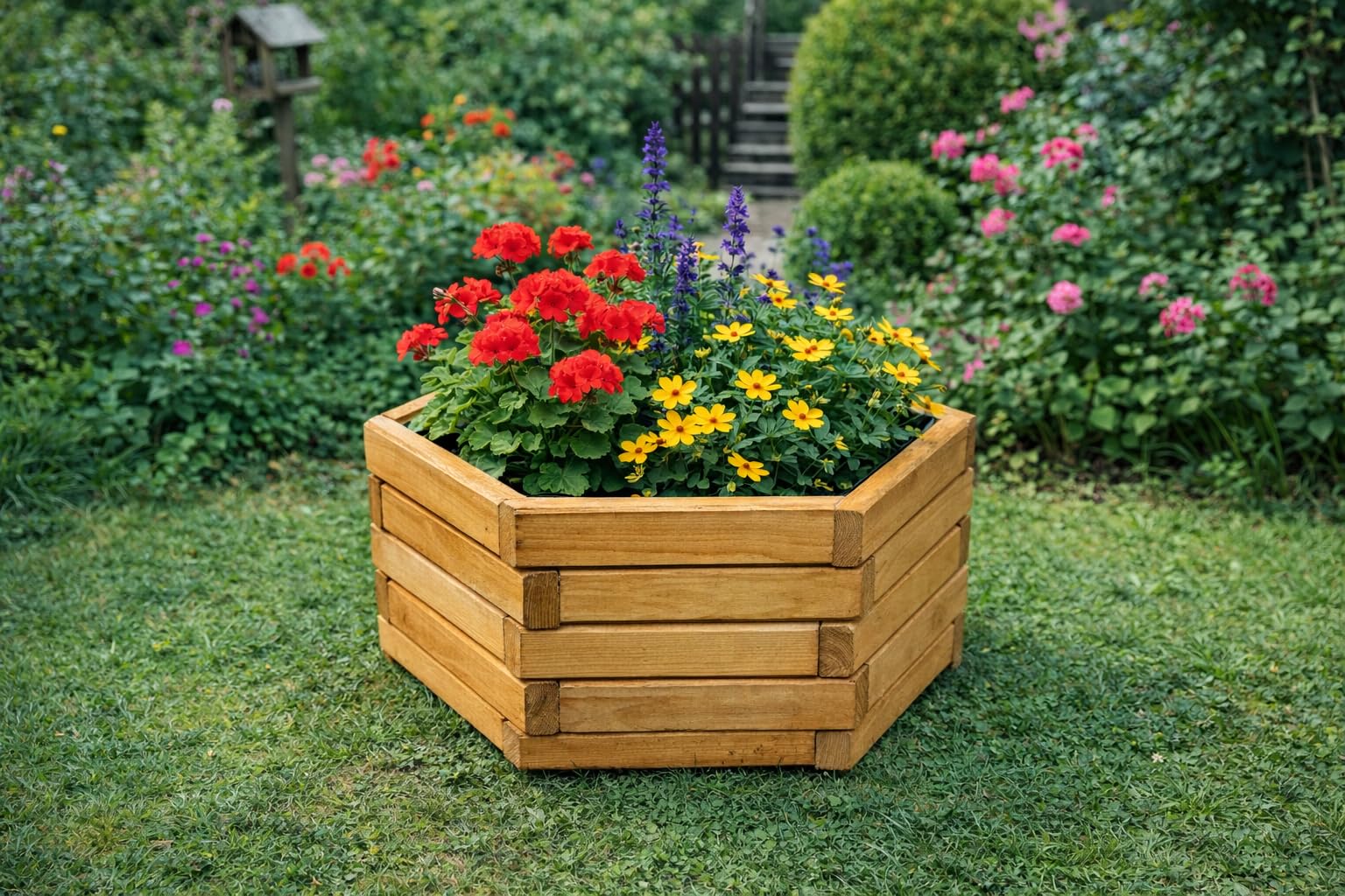 Pflanzkübel Holz (Eiche, 51 x 44 x 28 cm) – Blumenkasten Balkon & Terrasse, Pflanzkasten Wetterfest, Hochbeet Kräuterbeet Garten D26