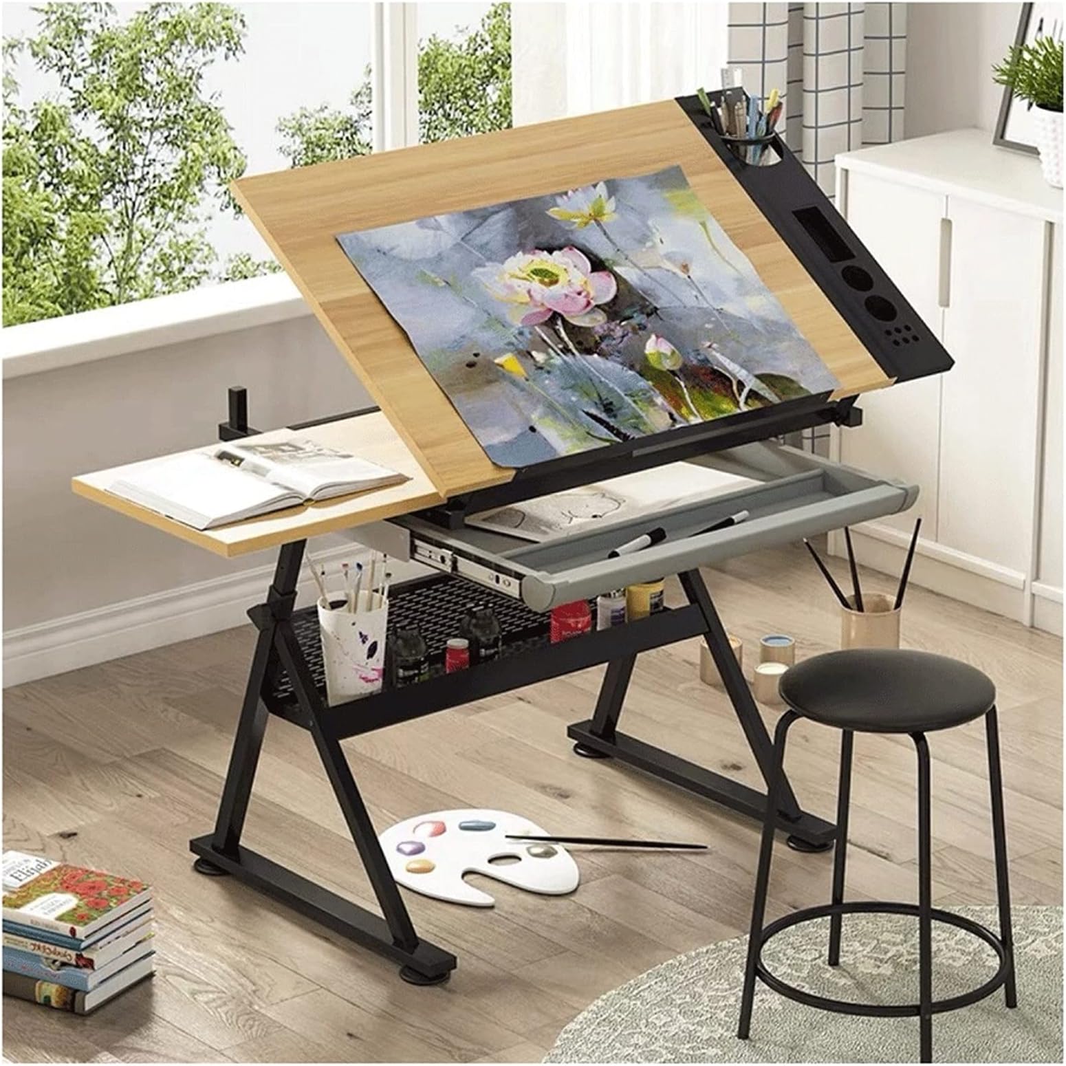 Wyhgry Folding Adjustable Drafting Table,Craft Table Drawing Desk Writing Desk Studio Desk,with Storage Drawer Sketching Painting Work Station (Color : WOOD)