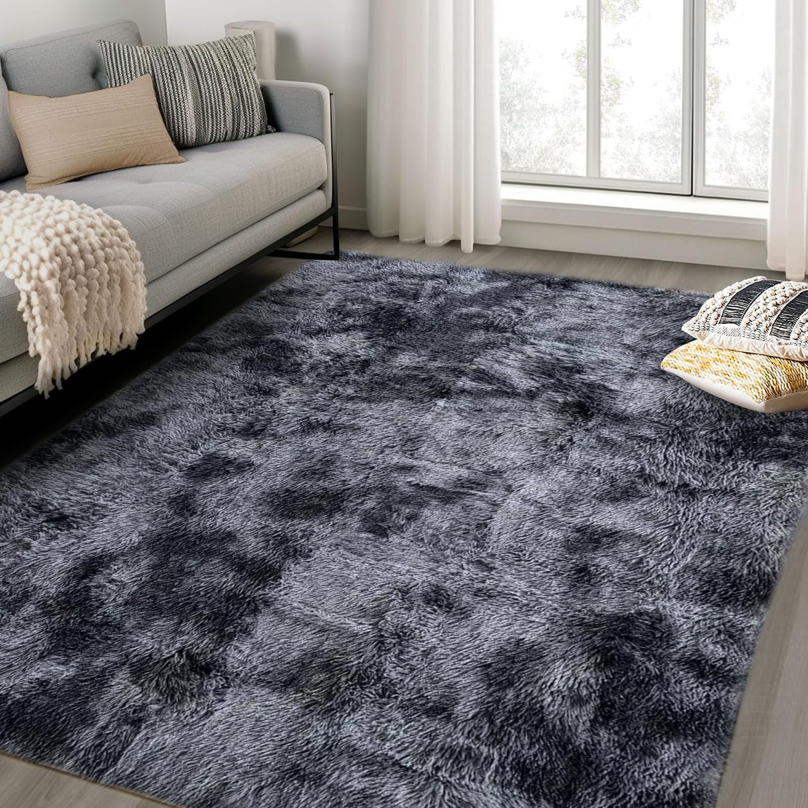 CaloreRugs Living Room Soft Fluffy Rug Bedroom Non-slip Large Modern Shaggy Area Rugs Carpet Floor Mat for Home Decor (Black Grey, 120 x 160 cm)