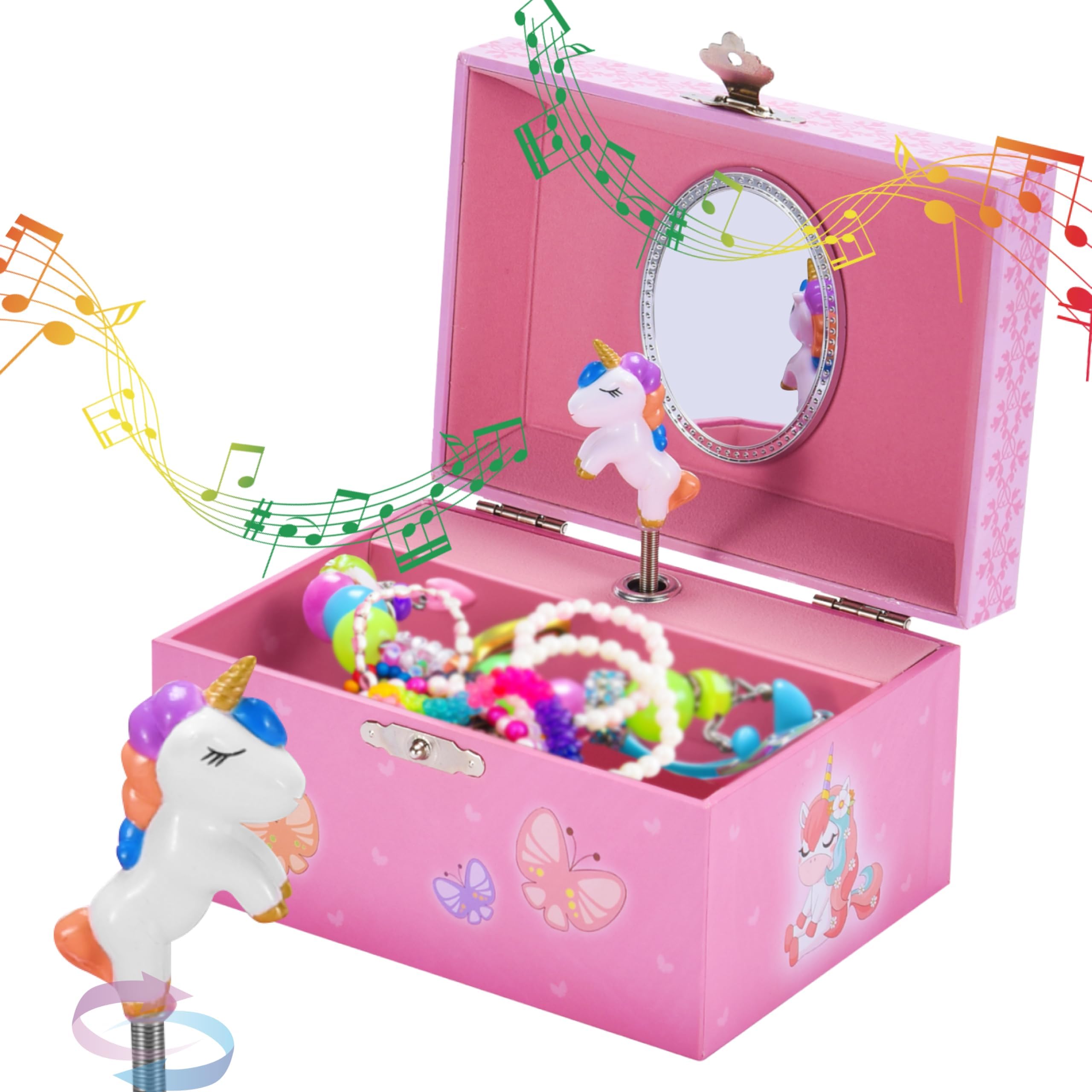 Jewelkeeper Unicorn Butterfly Jewellery Box 1 Piece Pink for Girls - Wooden Jewellery Box with Velvet Lining for Little Girls Necklaces and Accessories