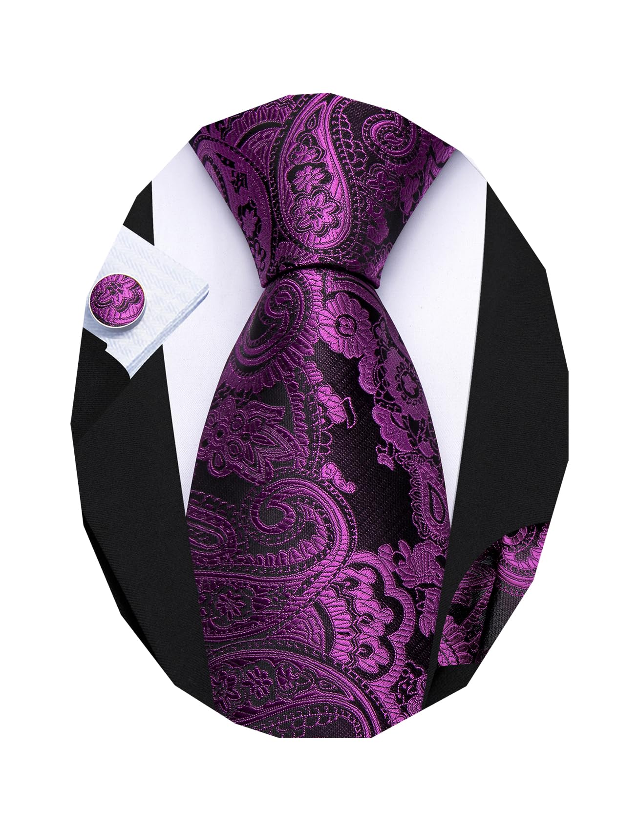 Barry.Wang Men Tie Sets Paisley Silk Necktie Pocket Square Cufflinks