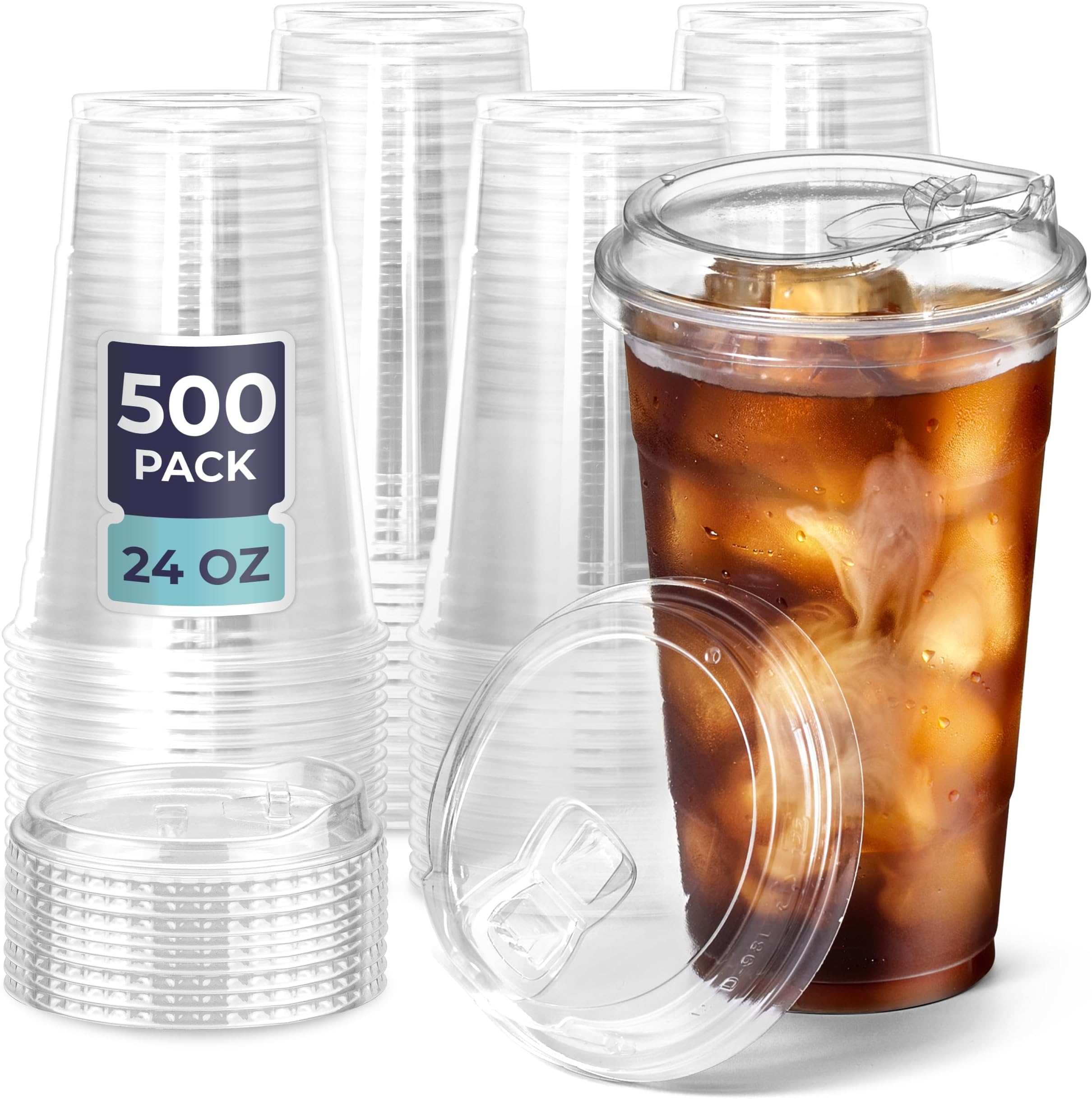 Fit Meal Prep 500 Pack 24 oz Clear Plastic Cups with Strawless Sip Lids, Disposable Plastic Coffee Cups with Lids, To Go Cups for Iced Coffee, Smoothies, Party Drinks, Soda, Bubble Tea, Cold Beverage