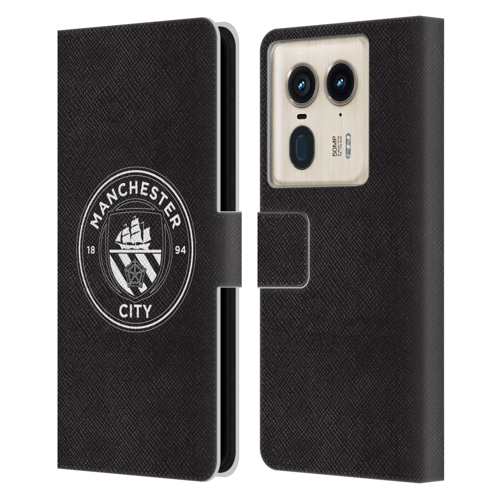 Head Case Designs Officially Licensed Manchester City Man City FC Black White Mono Badge Leather Book Wallet Case Cover Compatible with Motorola Edge 50 Ultra/X50 Ultra