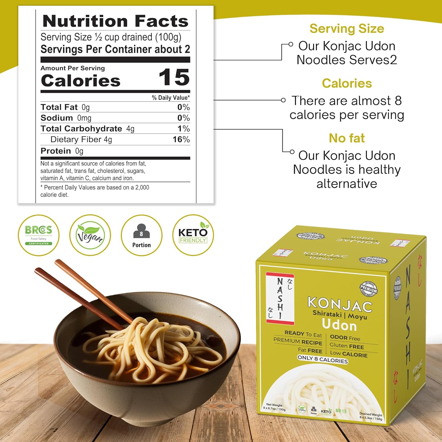 Nashi Shirataki Konjac Premium Udon Noodles (8x190g) – Glucomannan Premium Recipe, Keto-Friendly | Low-Calorie, Zero-Carb, Vegan & Gluten-Free, Odour-Free, High Fiber | Ready-to-Eat Food