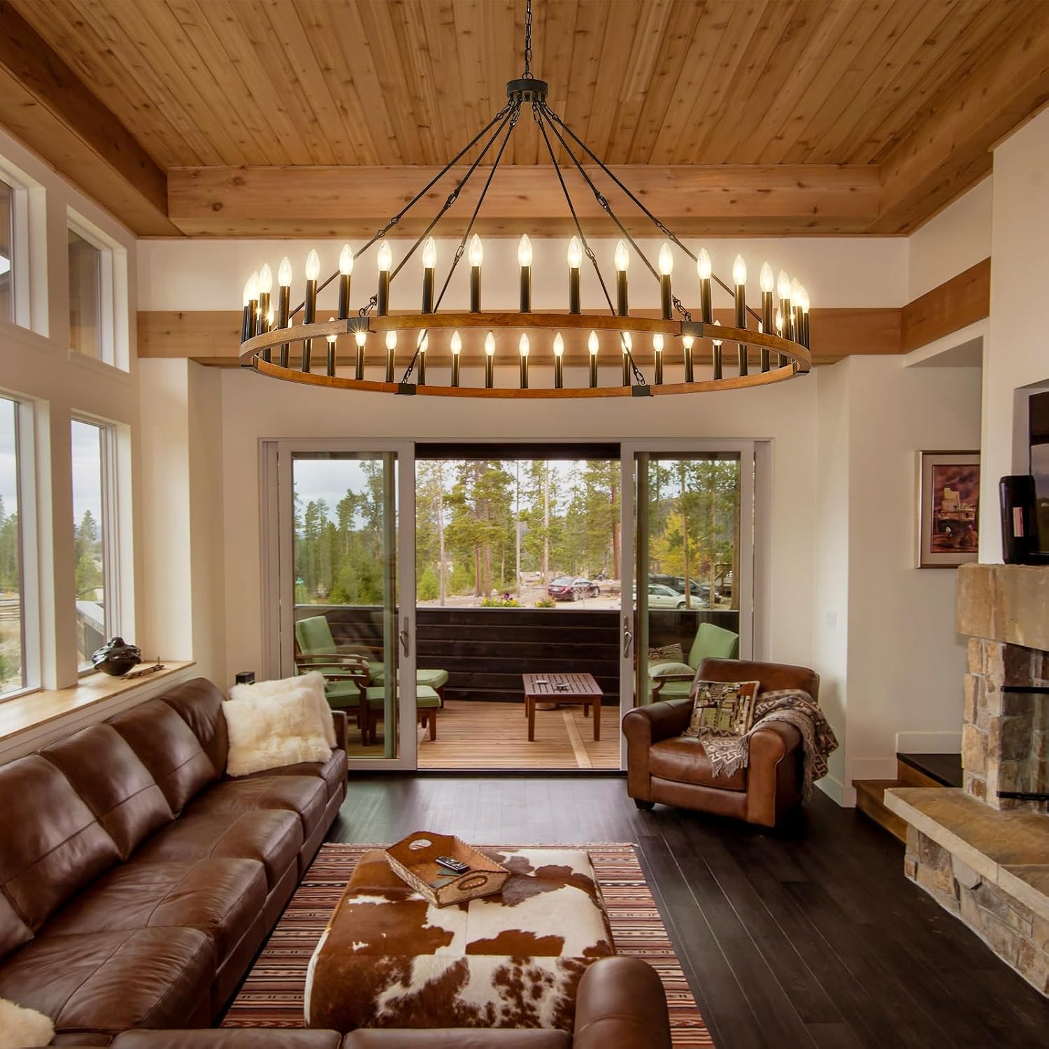 60-Inch Rustic Wooden Chandelier, 42-Light Extra Large Round Chandeliers for High Ceilings, Farmhouse Chandelier for Foyer Living Room Bedroom Entryway, E12